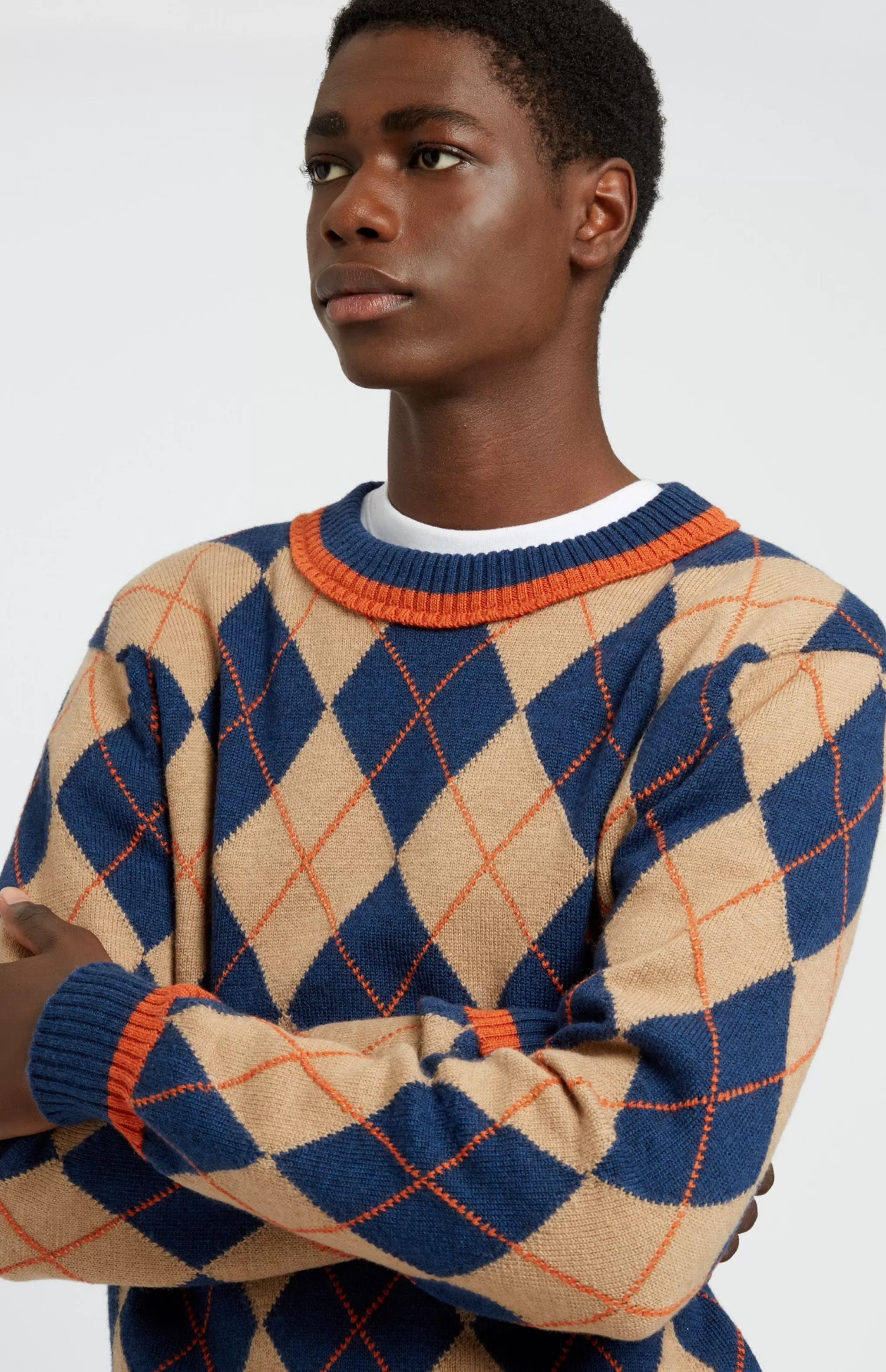 Cheap Men's Argyle Merino Jumper In Sand And Ink Men Light Weight Knits