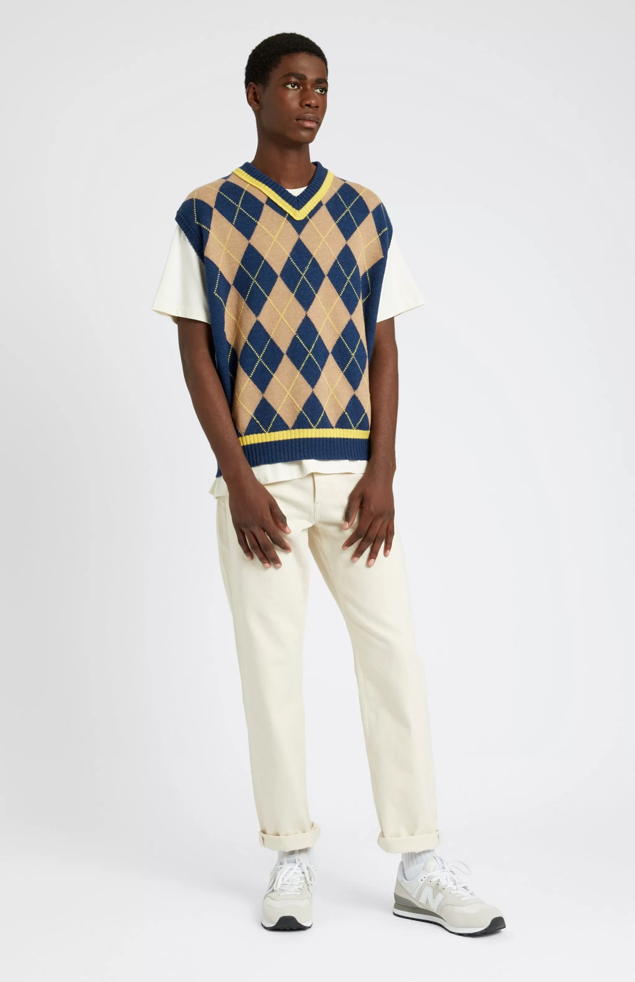 Best Sale Men's Argyle Merino Vest In Sand And Bright Yellow Men V Neck Knits