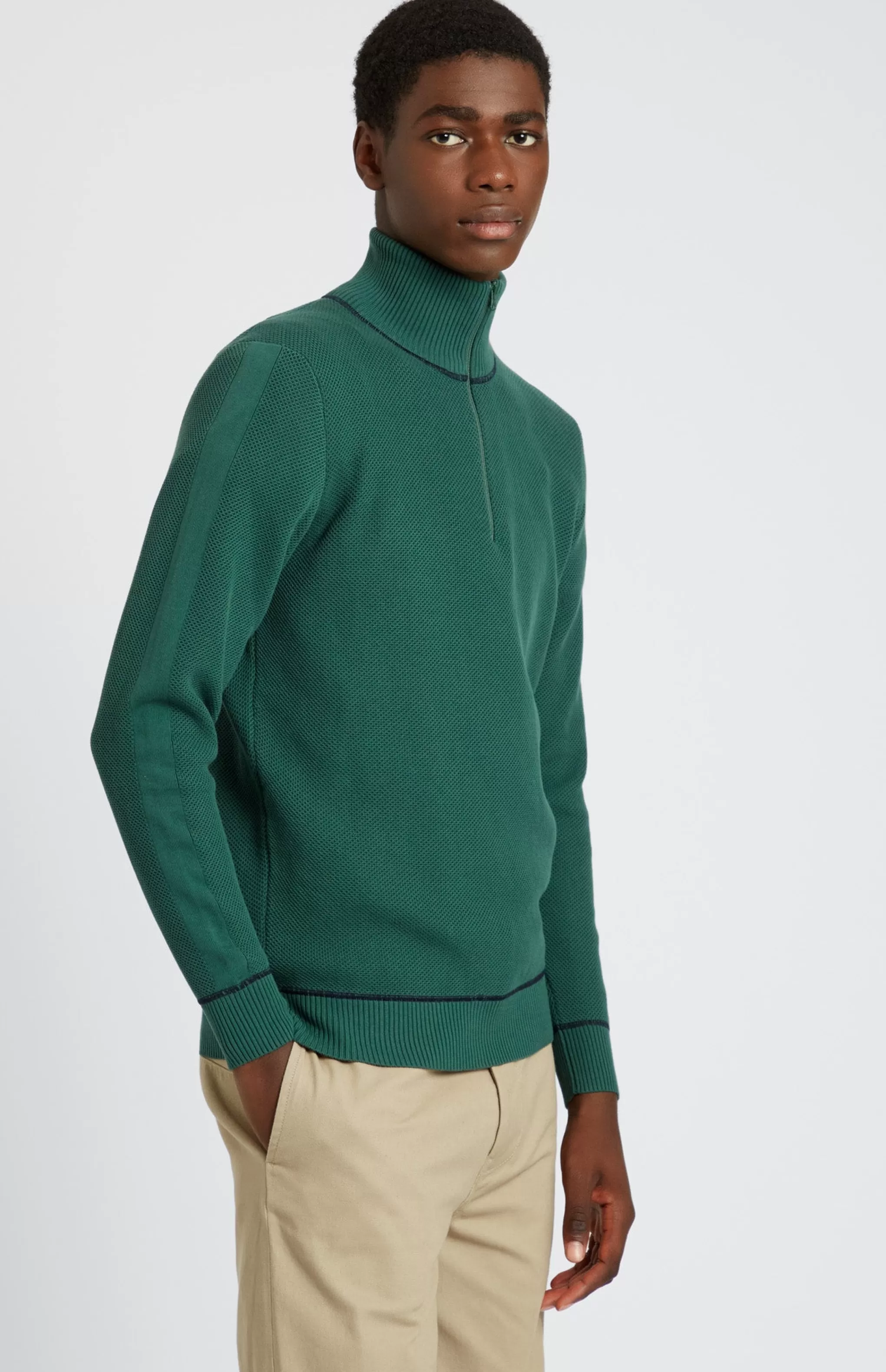 Online Men's Half Zip Cotton Jumper In Forest Green  / Navy Men High Neck Knits