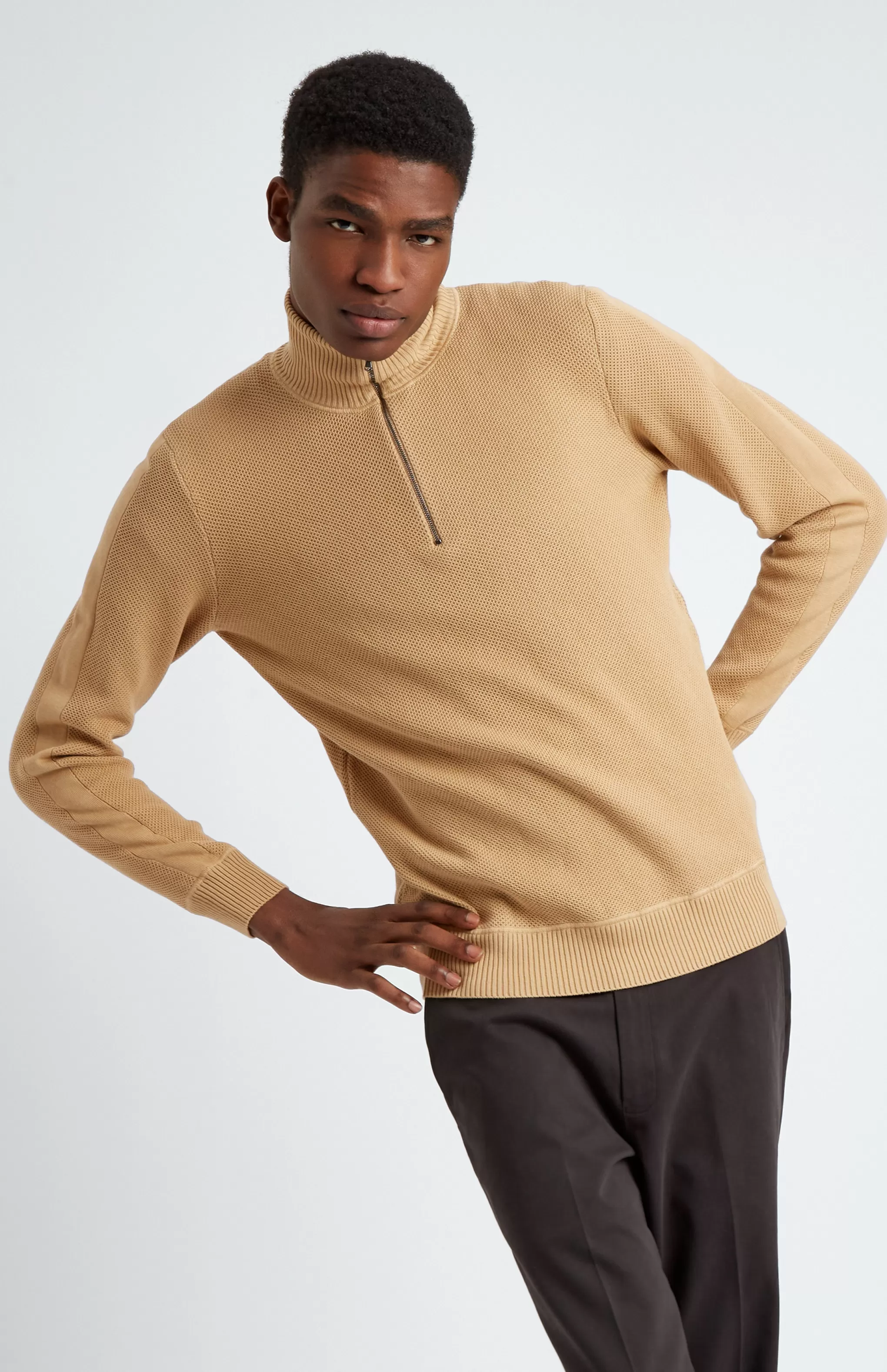 Online Men's Half Zip Cotton Jumper In Sand Men Cotton