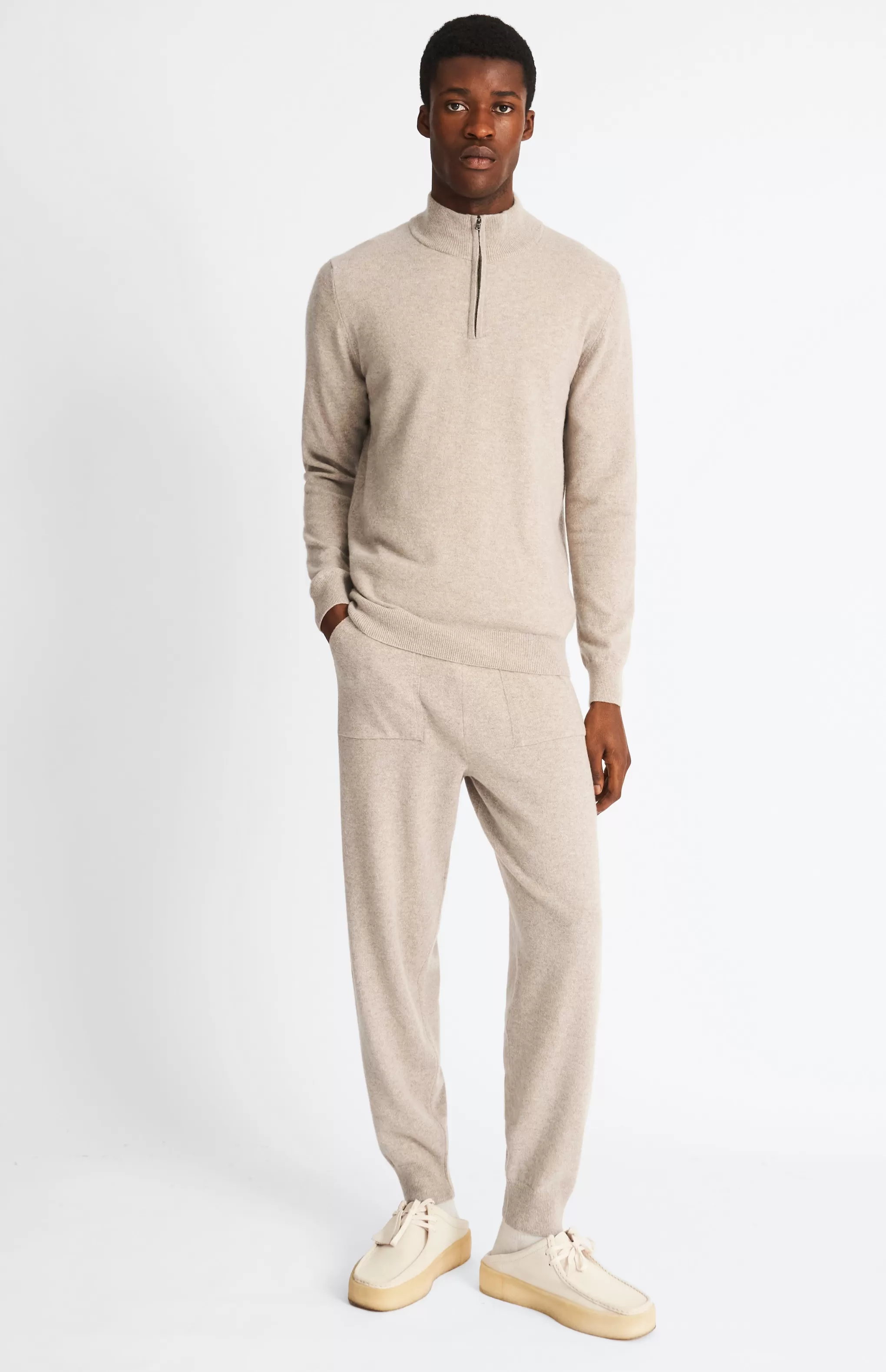 Online Men's Half Zip Merino Cashmere Blend Jumper In Dark Natural Men High Neck Knits