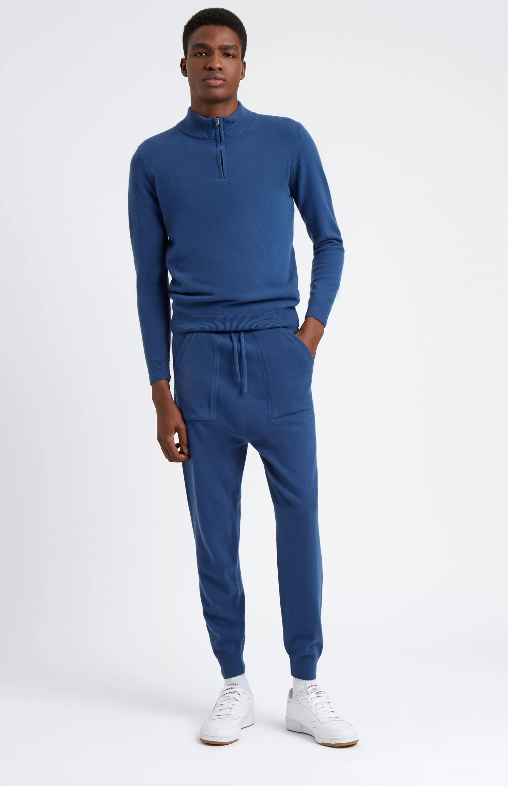 Best Sale Men's Half Zip Merino Cashmere Blend Jumper In Deep Indigo Men High Neck Knits