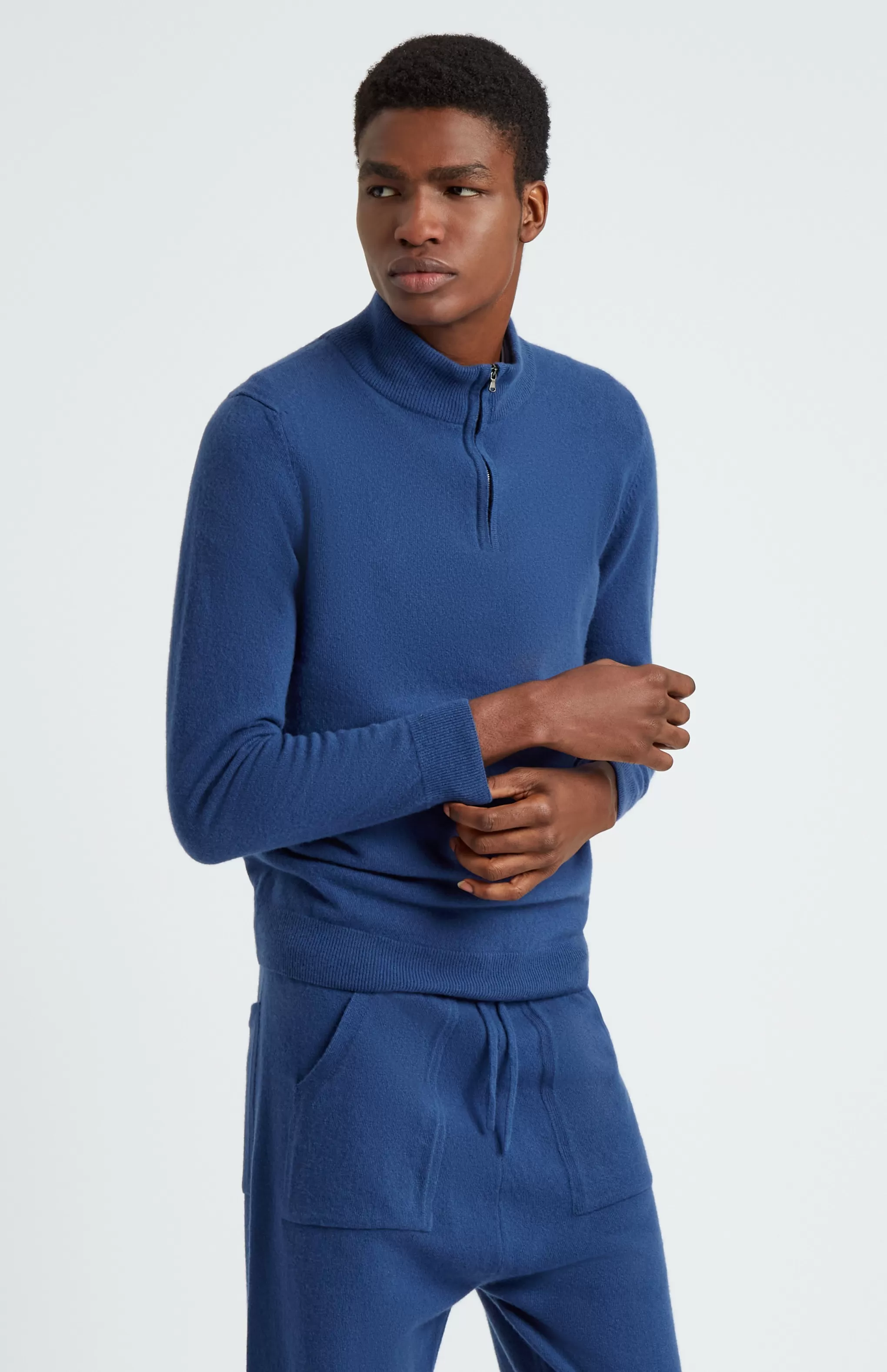 Best Sale Men's Half Zip Merino Cashmere Blend Jumper In Deep Indigo Men High Neck Knits