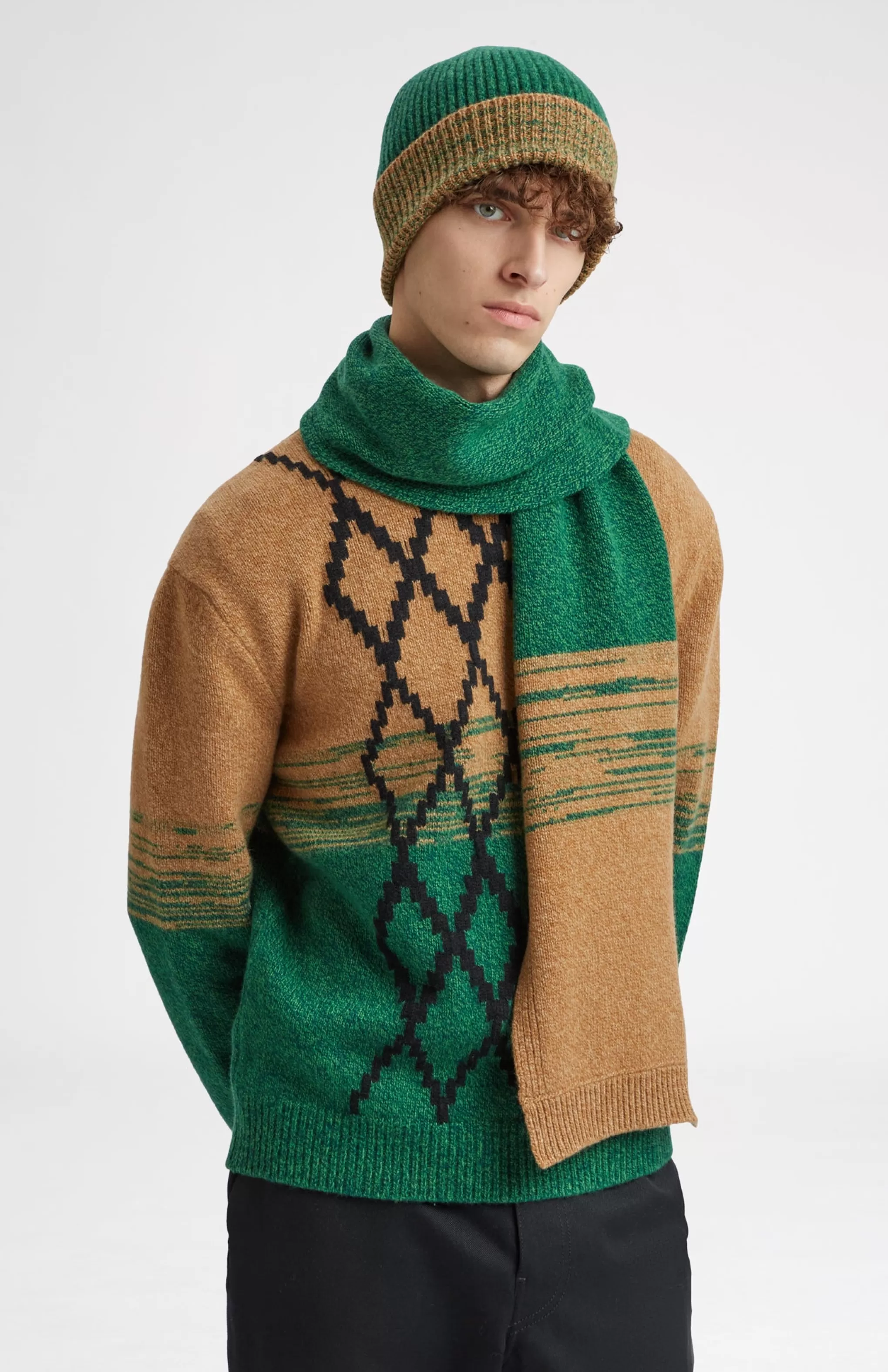 Discount Men's Lambswool Beanie With A Mouline Degrade Effect In Vicuna and Evergreen Men Hats