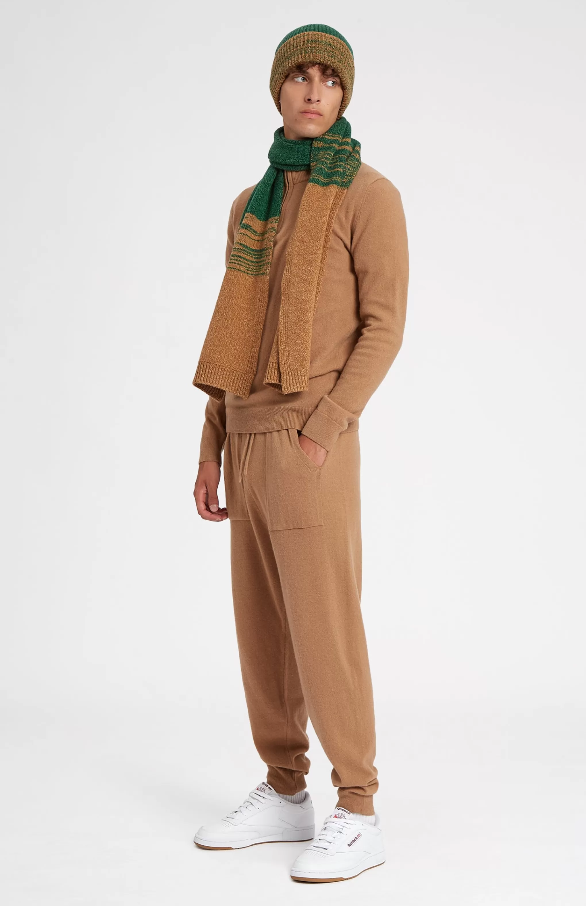 Discount Men's Lambswool Beanie With A Mouline Degrade Effect In Vicuna and Evergreen Men Hats