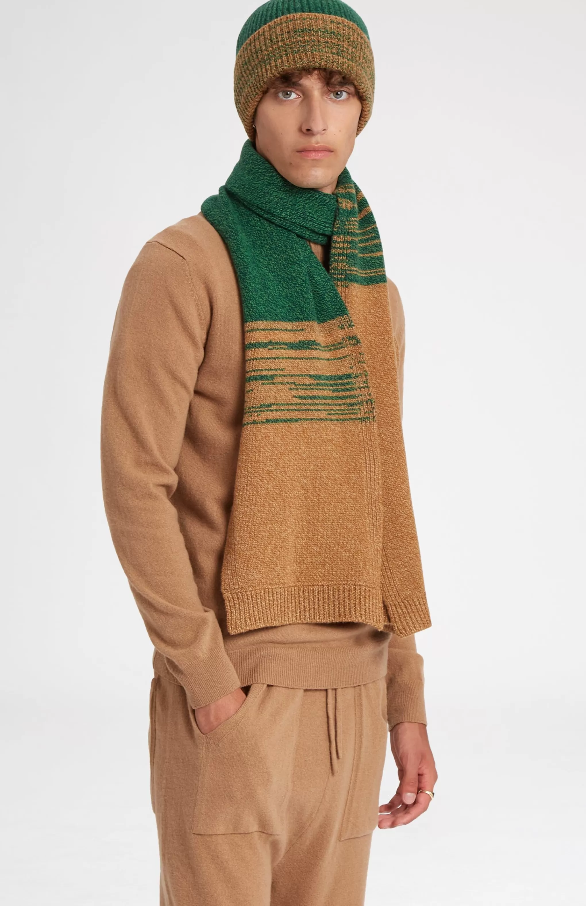 Discount Men's Lambswool Beanie With A Mouline Degrade Effect In Vicuna and Evergreen Men Hats