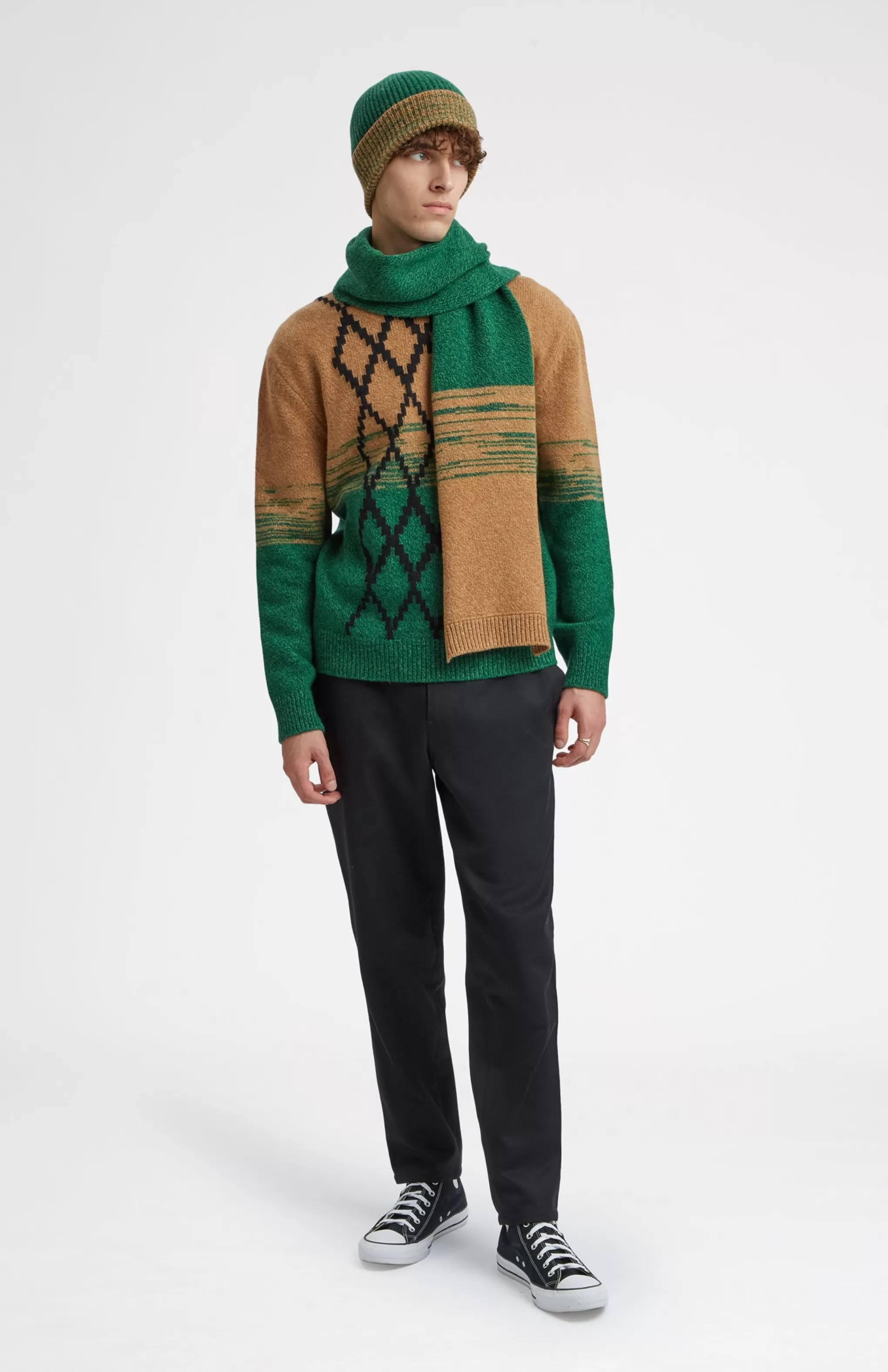 Discount Men's Lambswool Beanie With A Mouline Degrade Effect In Vicuna and Evergreen Men Hats