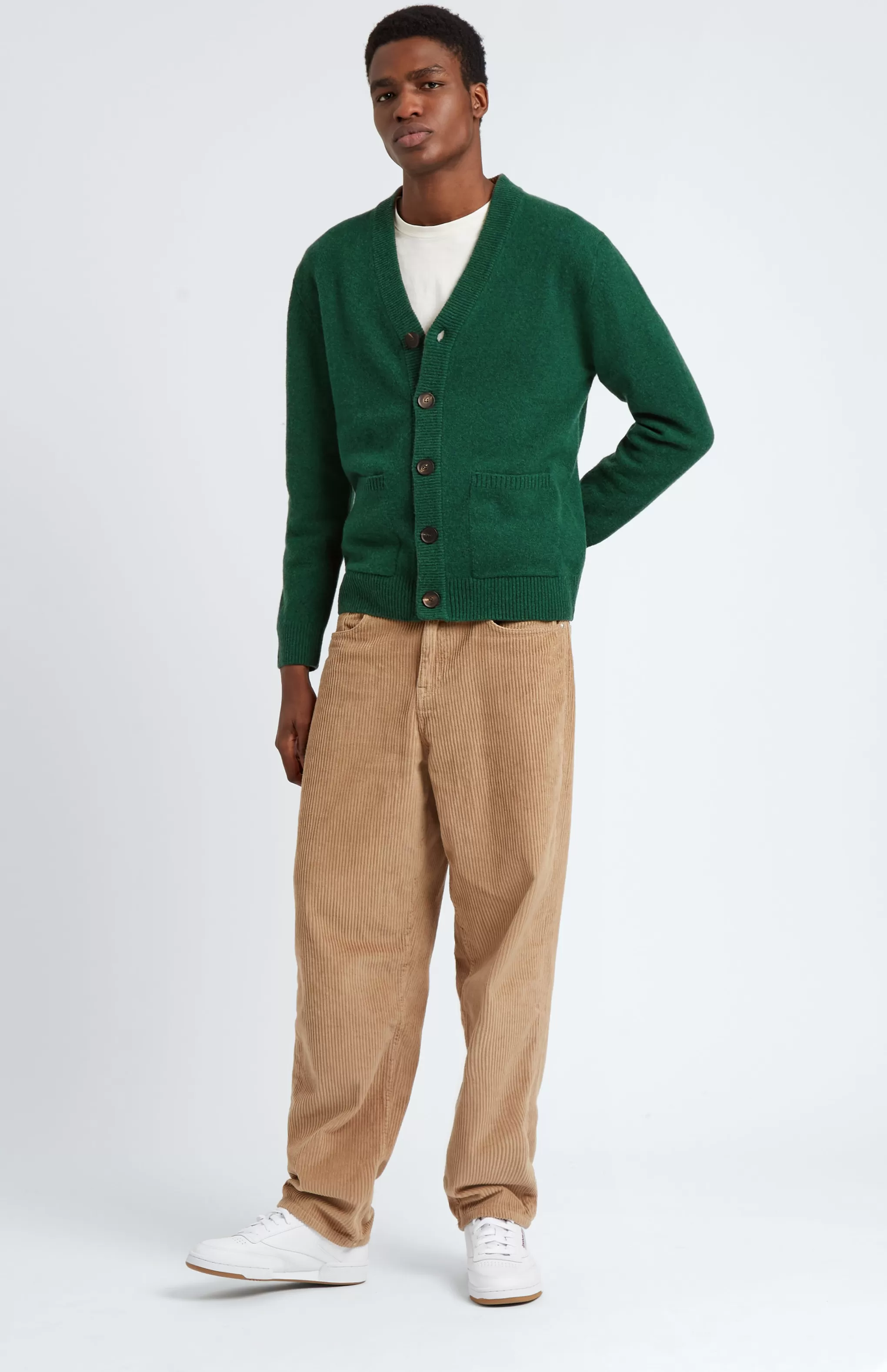 Flash Sale Men's Lambswool V Neck Cardigan In Forest / Sandstorm Men Lambswool