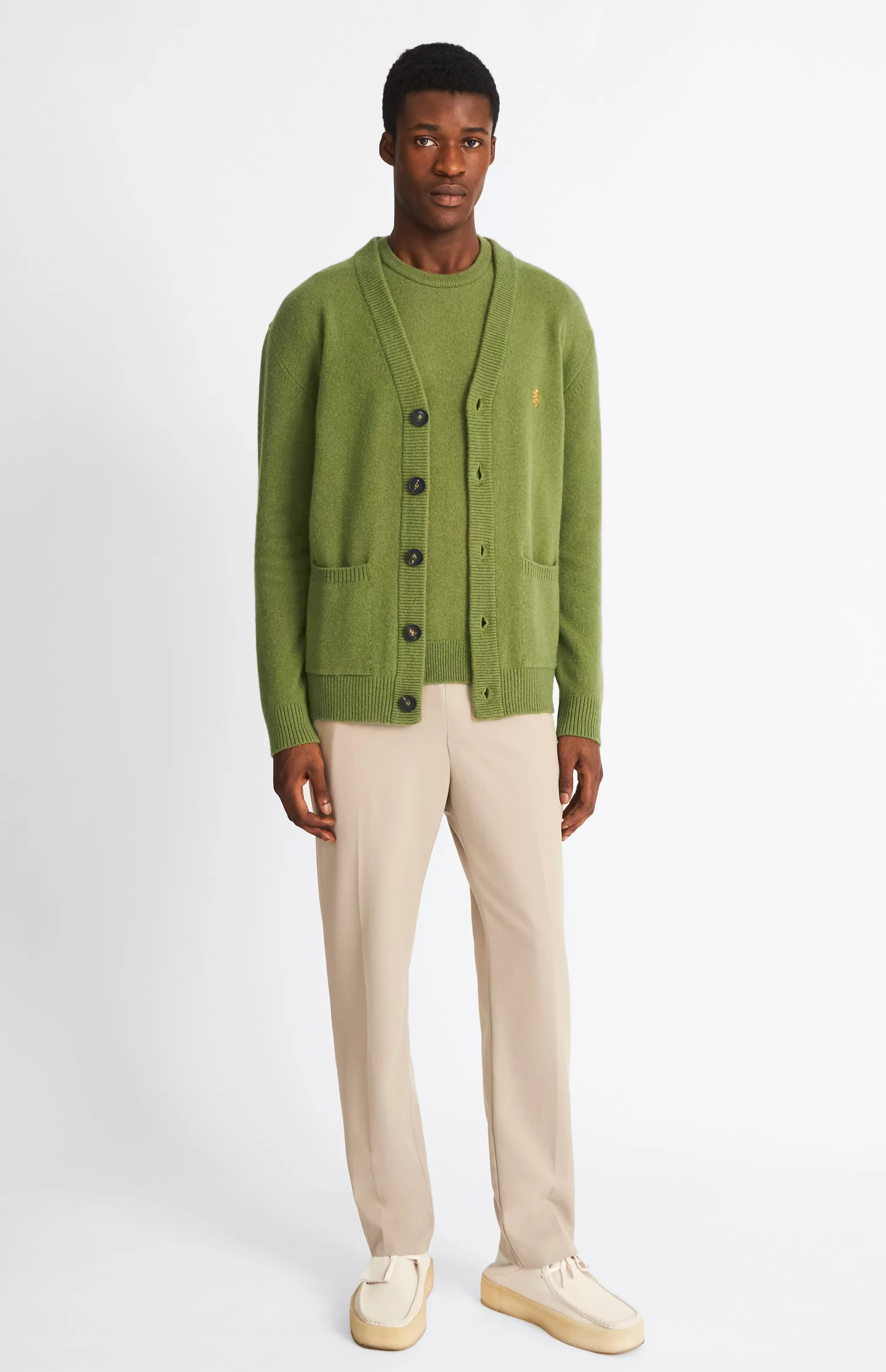 Cheap Men's Lambswool V Neck Cardigan In Mineral Green / Mustard Sand Men Jumpers