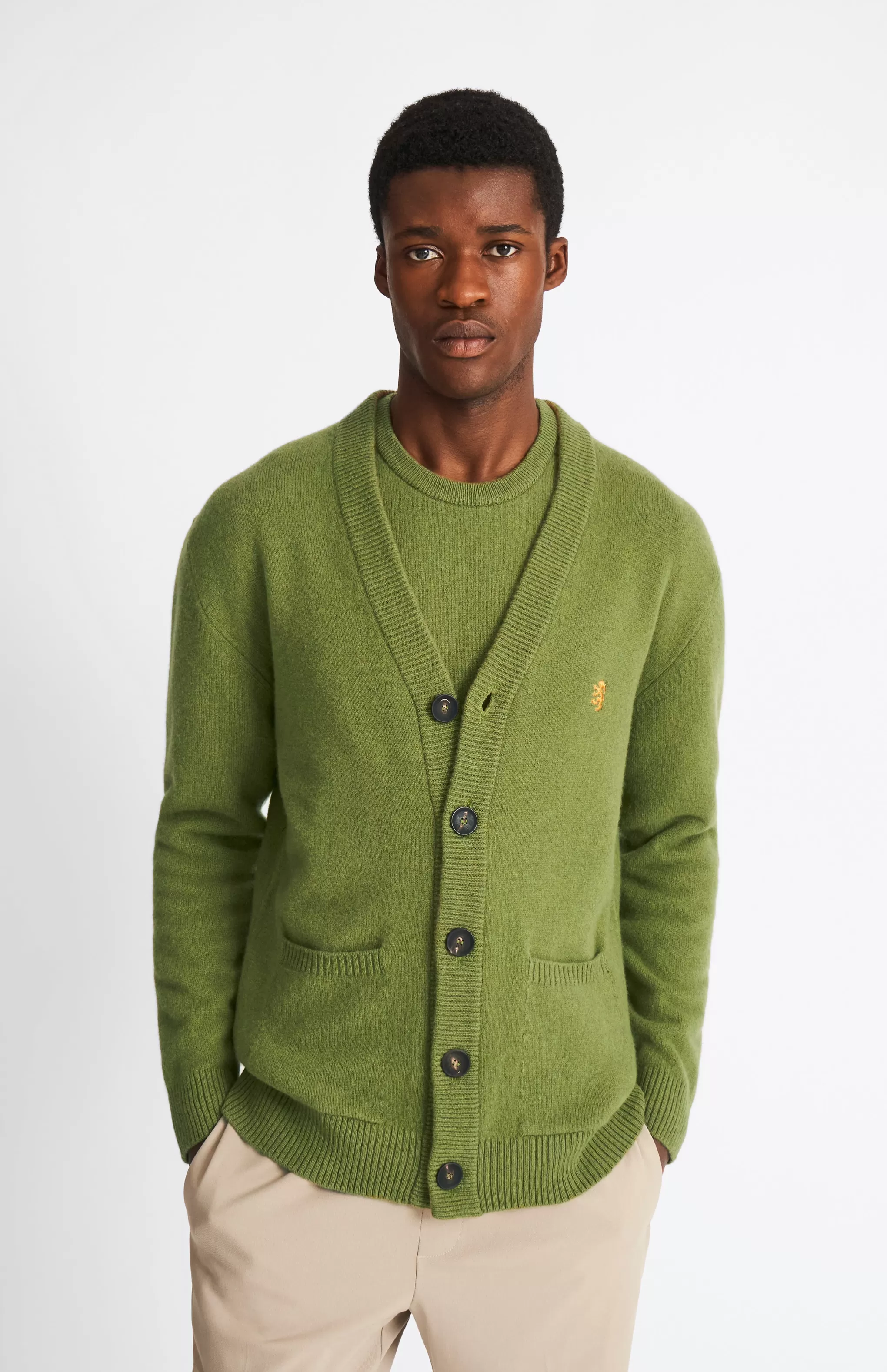 Cheap Men's Lambswool V Neck Cardigan In Mineral Green / Mustard Sand Men Jumpers