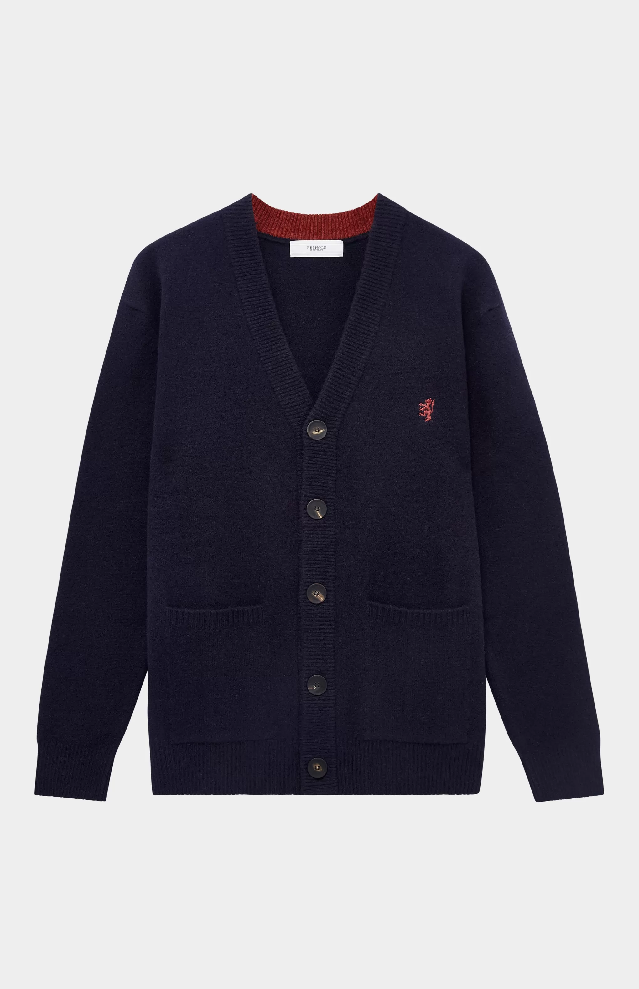 Best Sale Men's Lambswool V Neck Cardigan In Navy / Rust Red Men Medium Weight Knits