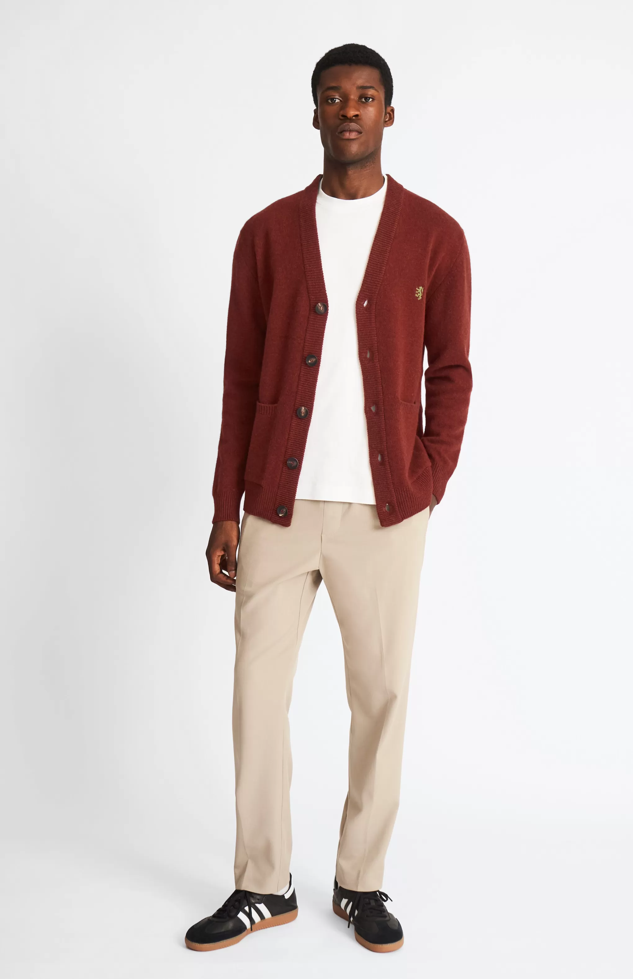 Best Sale Men's Lambswool V Neck Cardigan In Red Rust / Mineral Green Men Lambswool