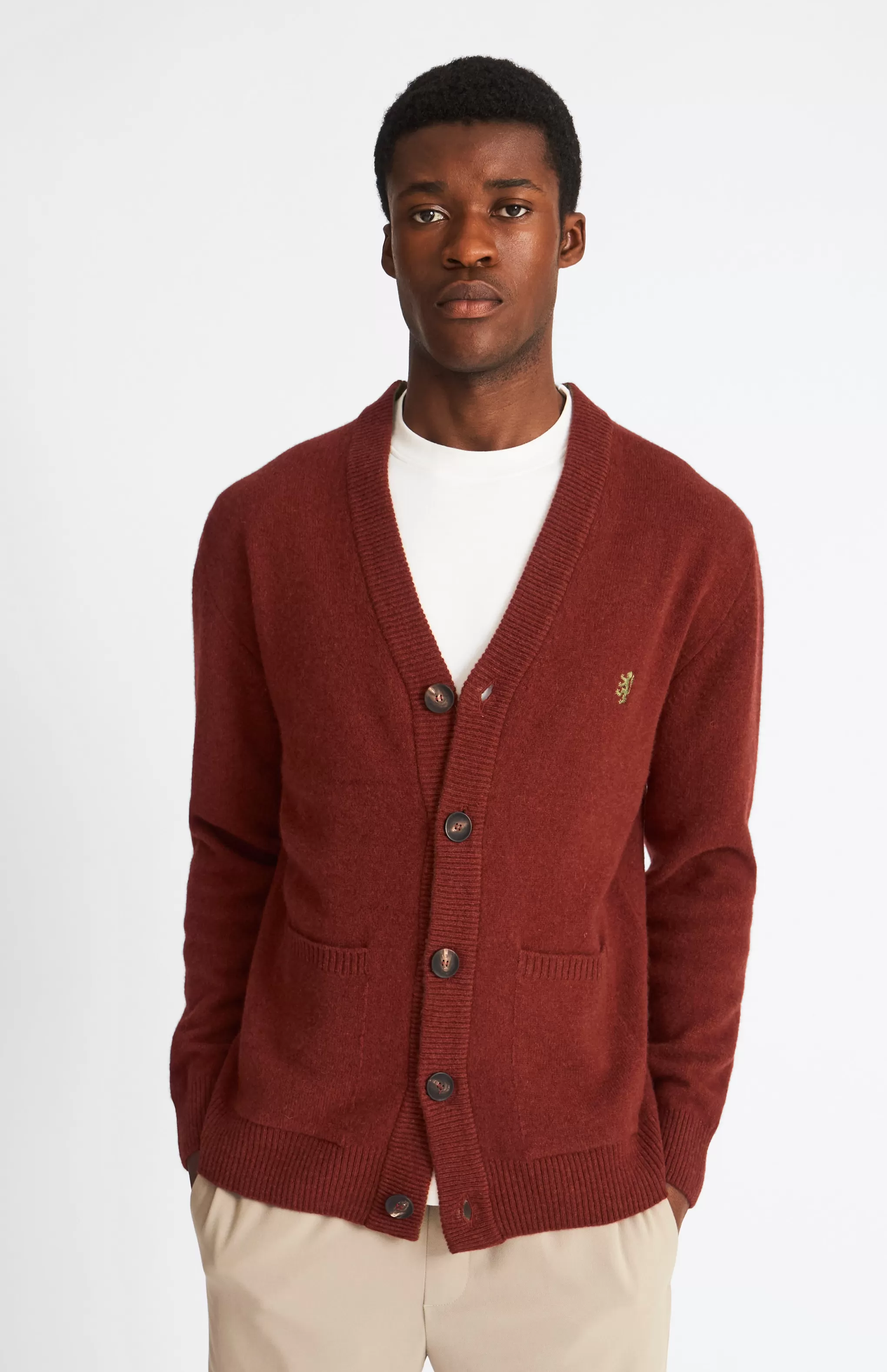 Best Sale Men's Lambswool V Neck Cardigan In Red Rust / Mineral Green Men Lambswool