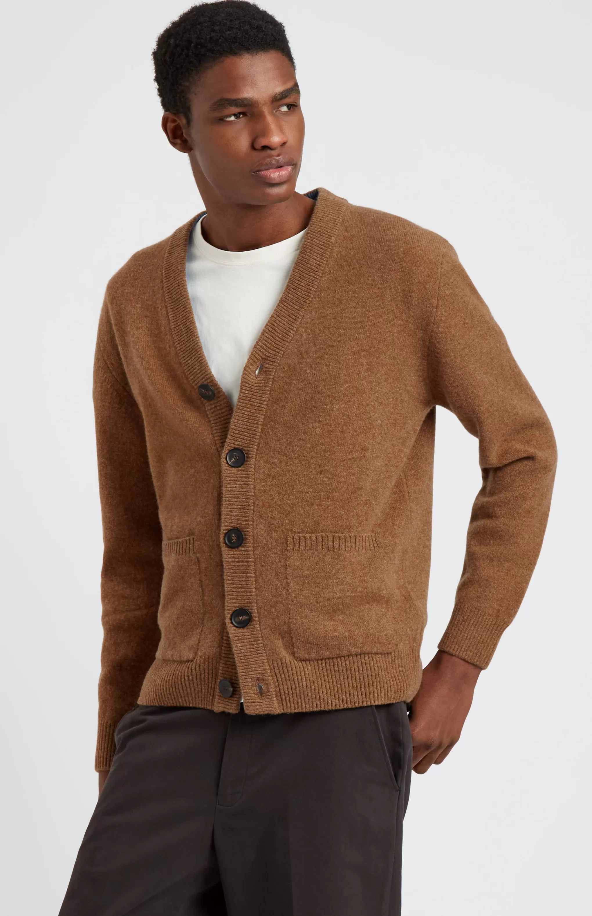 Cheap Men's Lambswool V Neck Cardigan In Sandstorm / Azure Men Medium Weight Knits