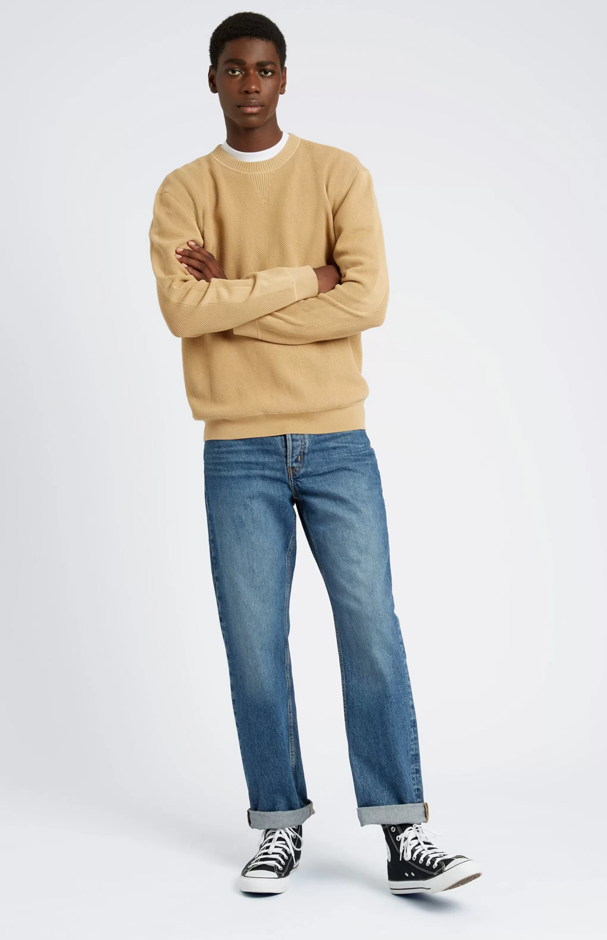 Clearance Men's Round Neck Cotton Sweatshirt Jumper In Sand / Sand Men Light Weight Knits