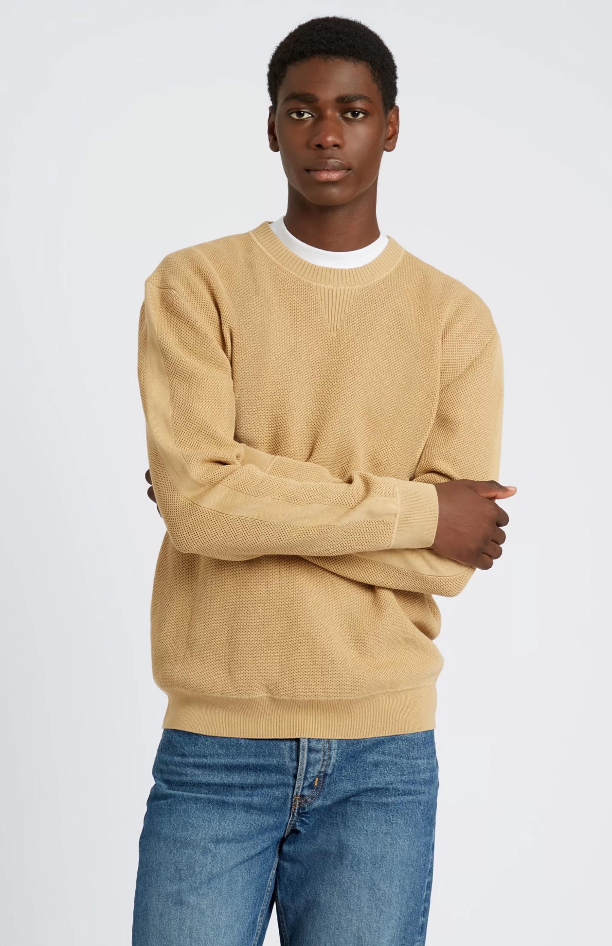 Clearance Men's Round Neck Cotton Sweatshirt Jumper In Sand / Sand Men Light Weight Knits