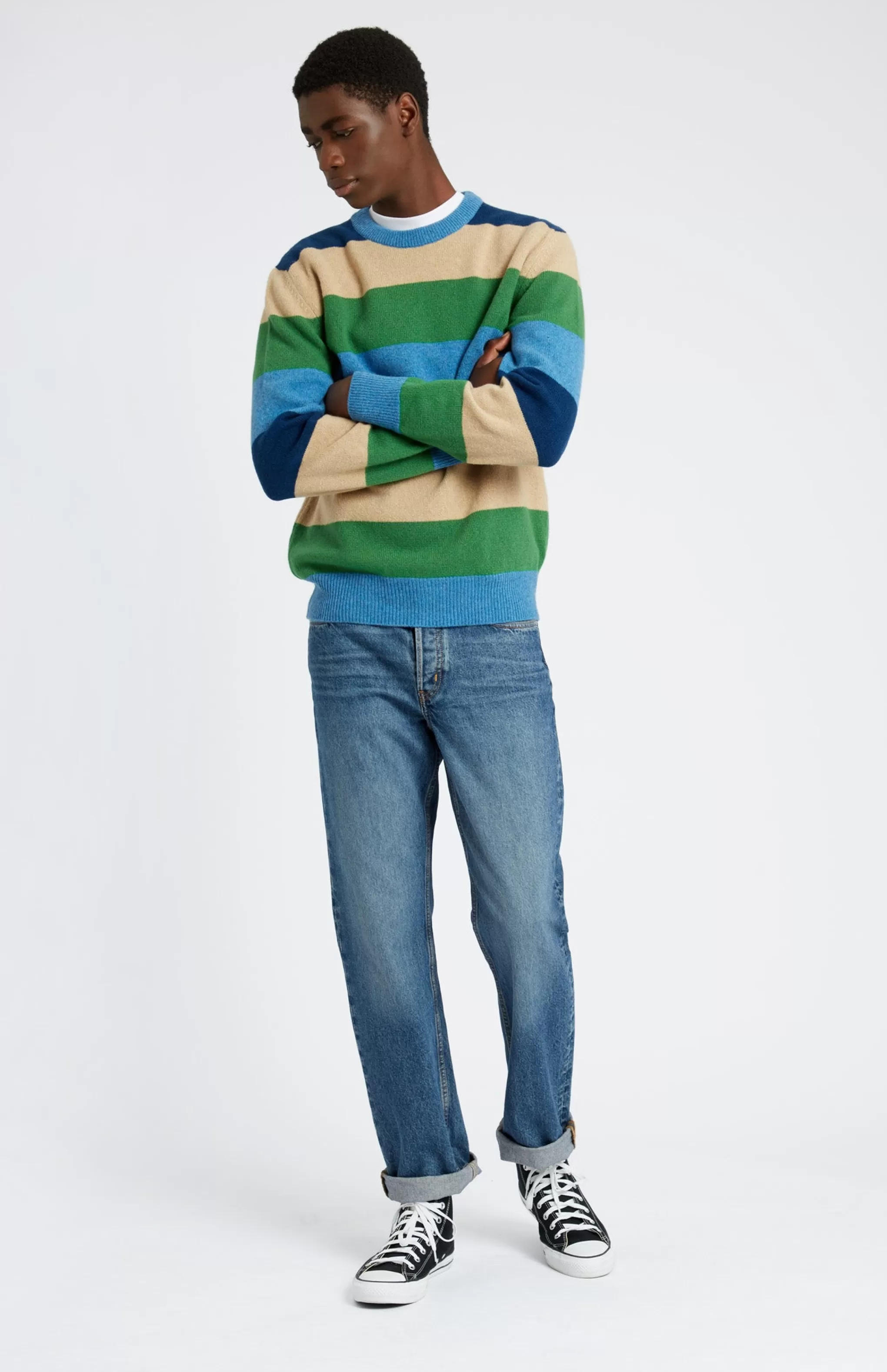 Best Sale Men's Round Neck Lambswool Jumper In Azure Blue / Forest Stripe Men Round Neck Knits