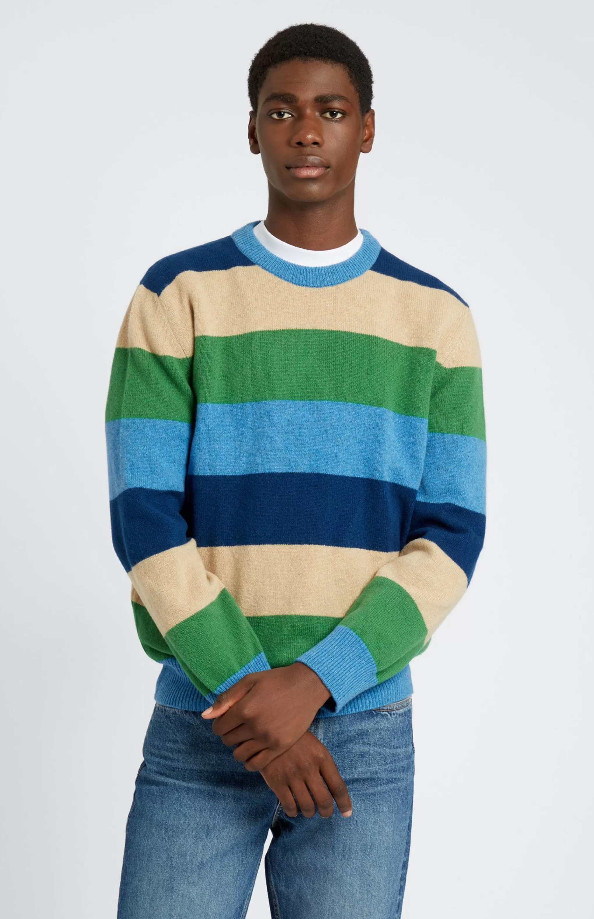 Best Sale Men's Round Neck Lambswool Jumper In Azure Blue / Forest Stripe Men Round Neck Knits