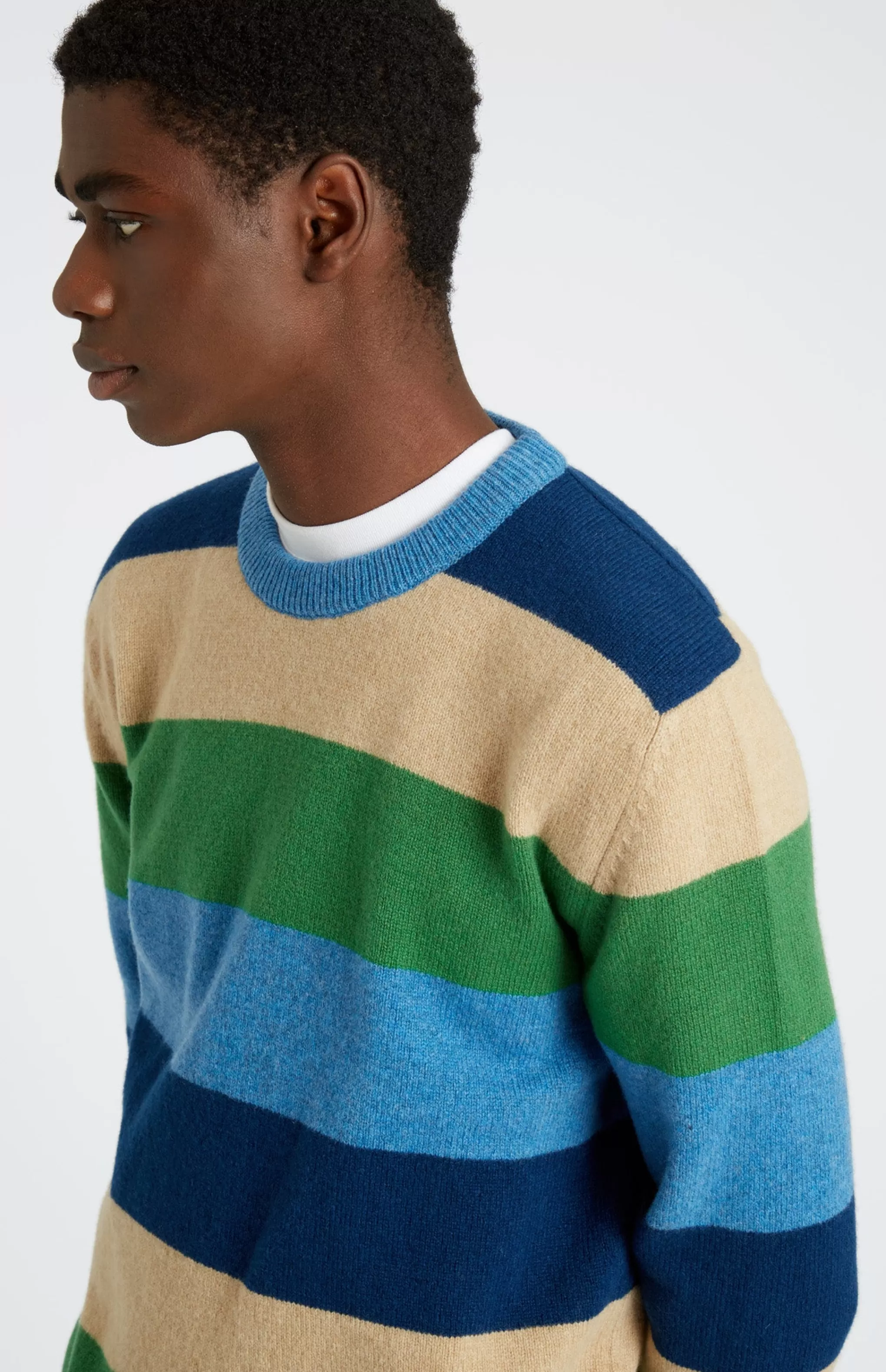 Best Sale Men's Round Neck Lambswool Jumper In Azure Blue / Forest Stripe Men Round Neck Knits