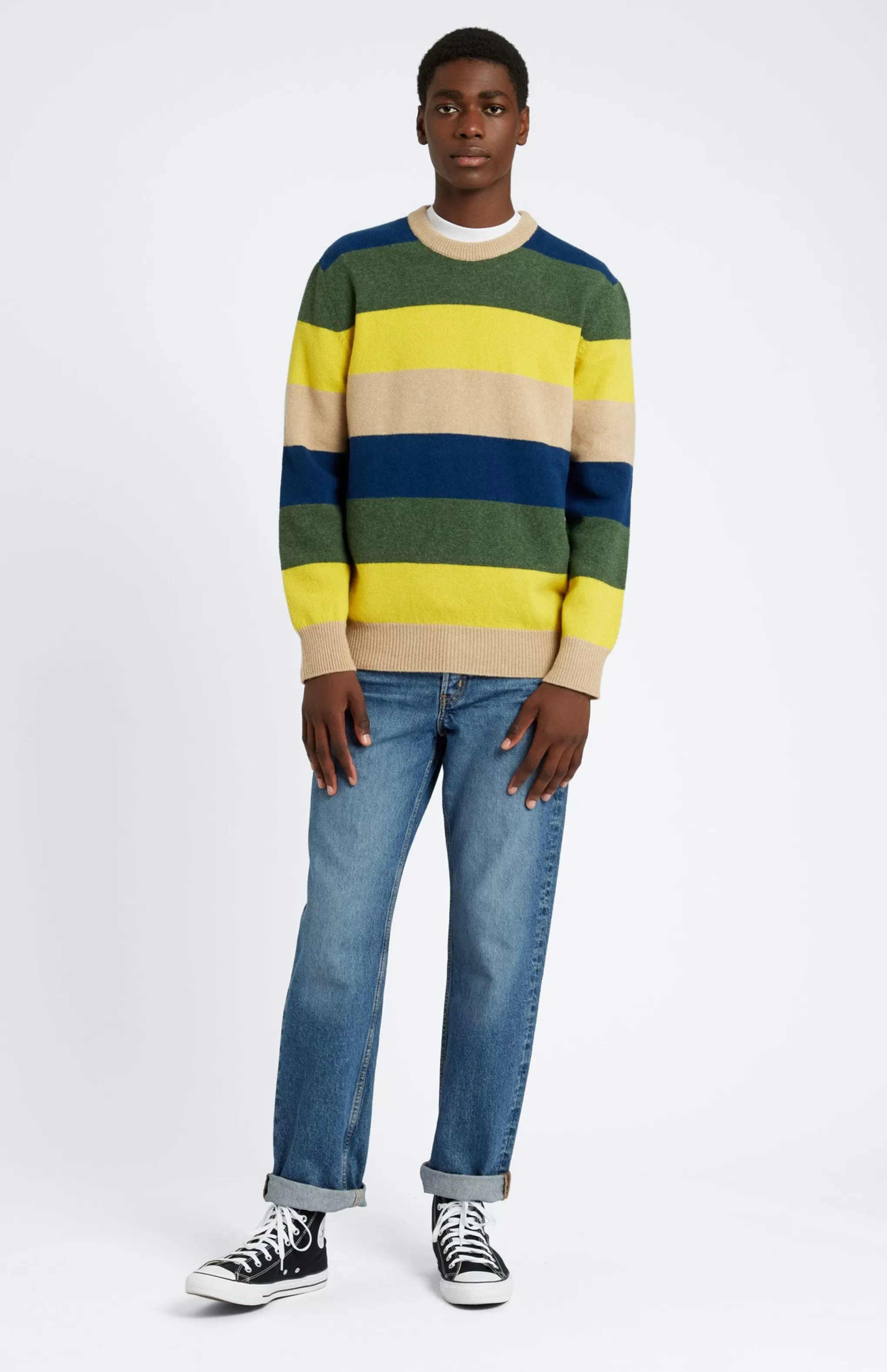 Sale Men's Round Neck Lambswool Jumper In Yellow / Sand Stripe Men Jumpers