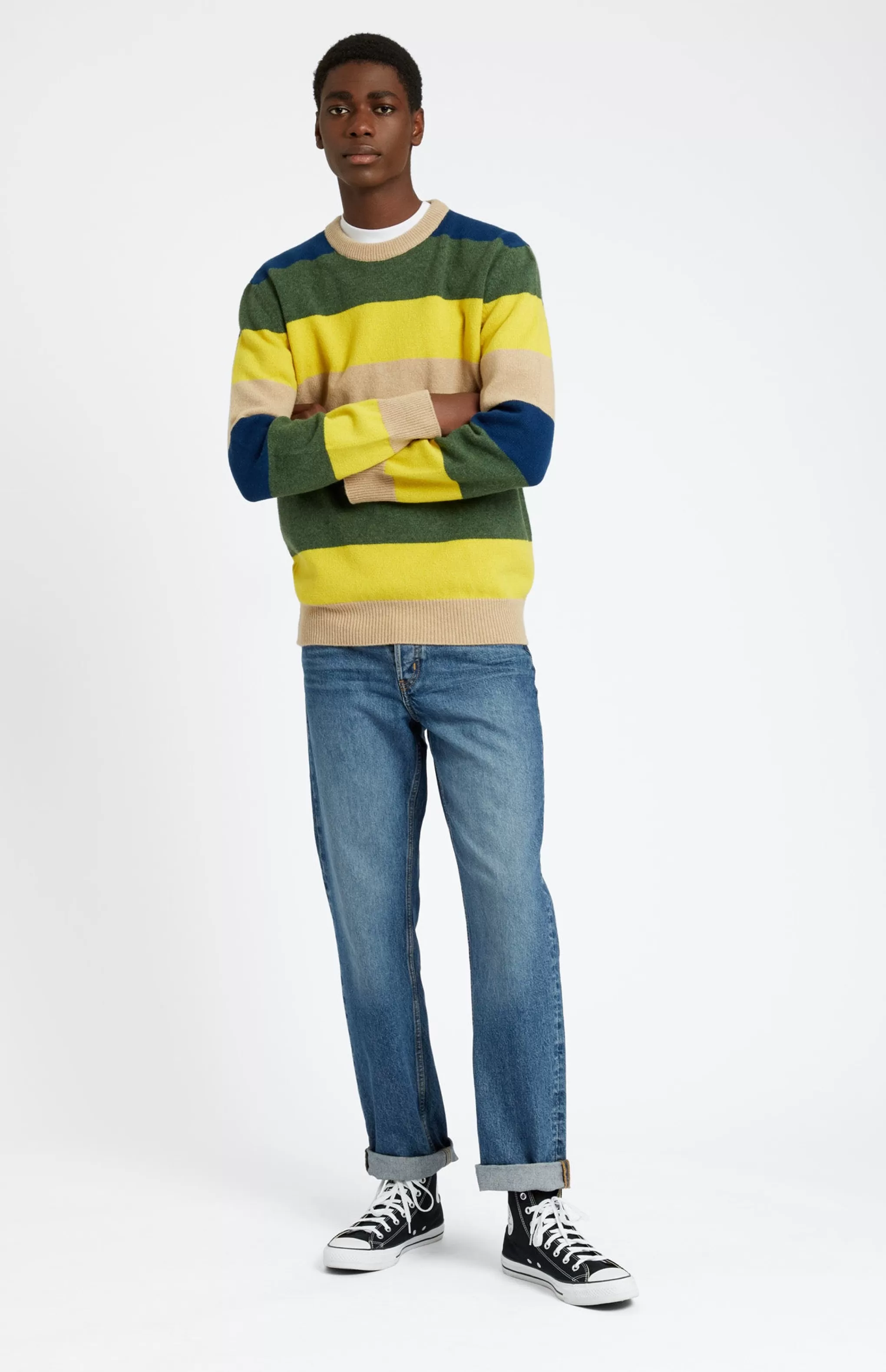 Online Men's Round Neck Lambswool Jumper In Yellow / Sand Stripe Men Made in Scotland