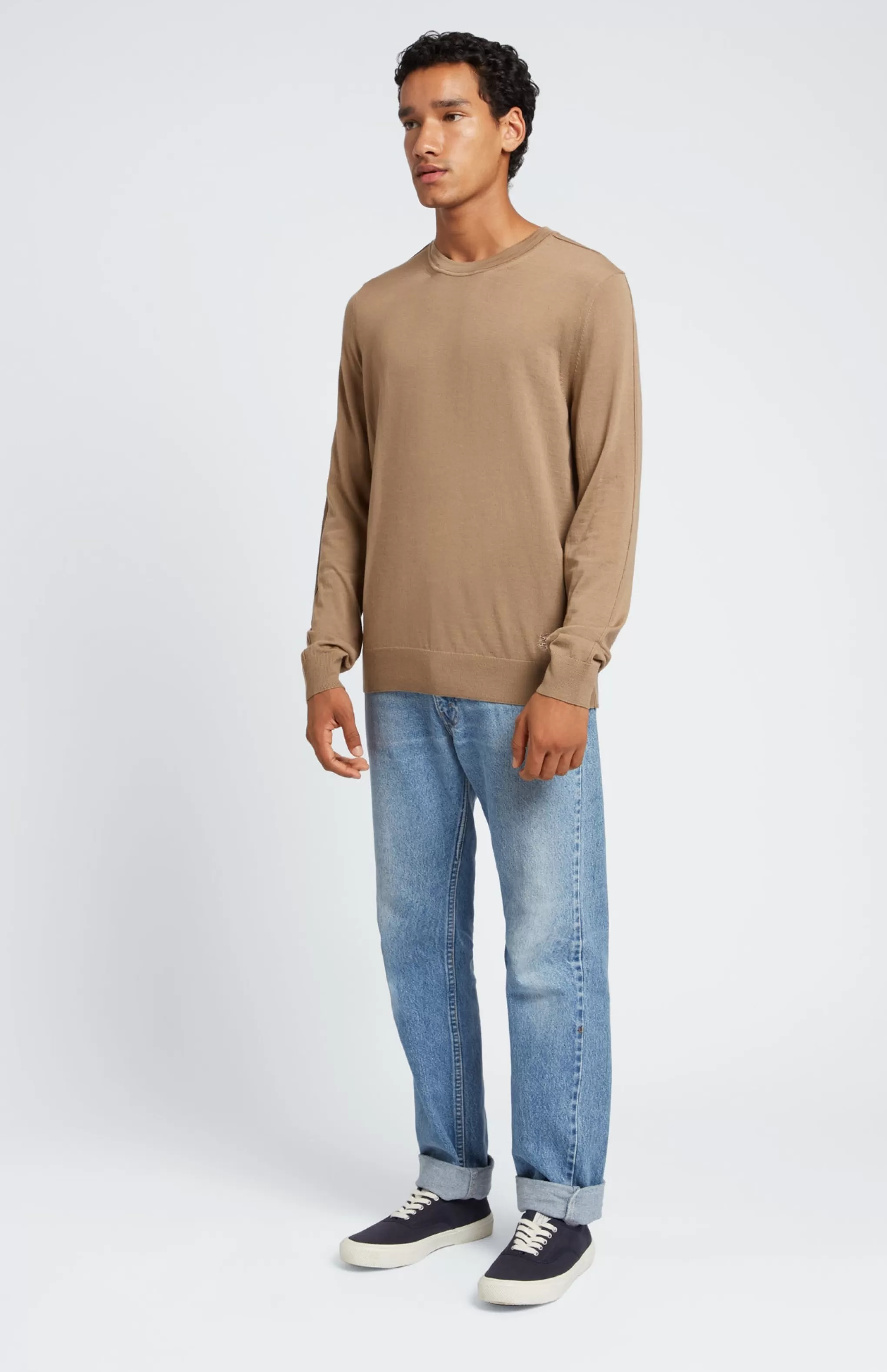 Cheap Men's Round Neck Merino Jumper In Tan Men Light Weight Knits