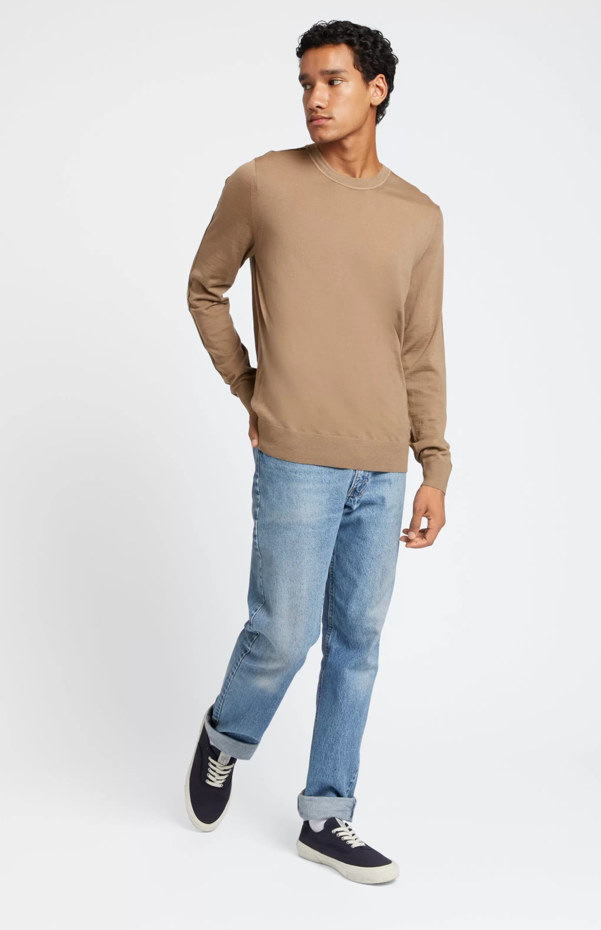 Cheap Men's Round Neck Merino Jumper In Tan Men Light Weight Knits