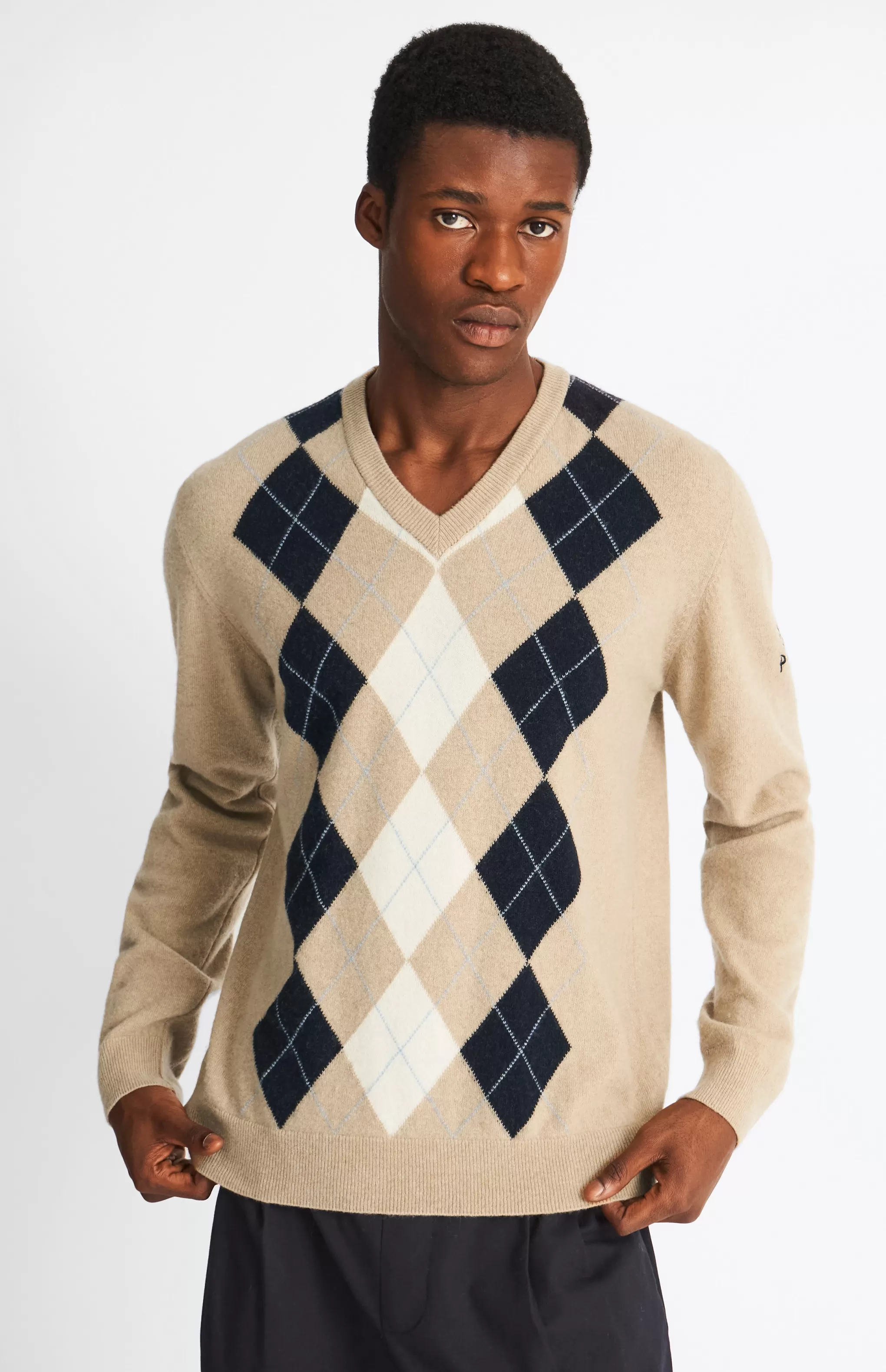 Best Men's V Neck Centre Argyle Lambswool Jumper In Camel / Navy Men Argyle
