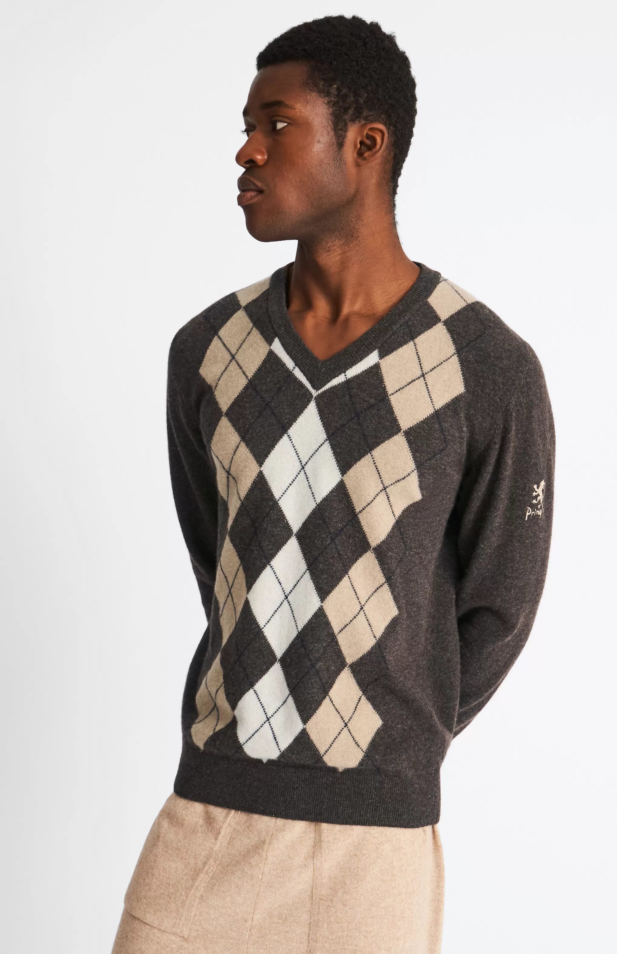 Best Men's V Neck Centre Argyle Lambswool Jumper In Dark Brown / Camel Men V Neck Knits