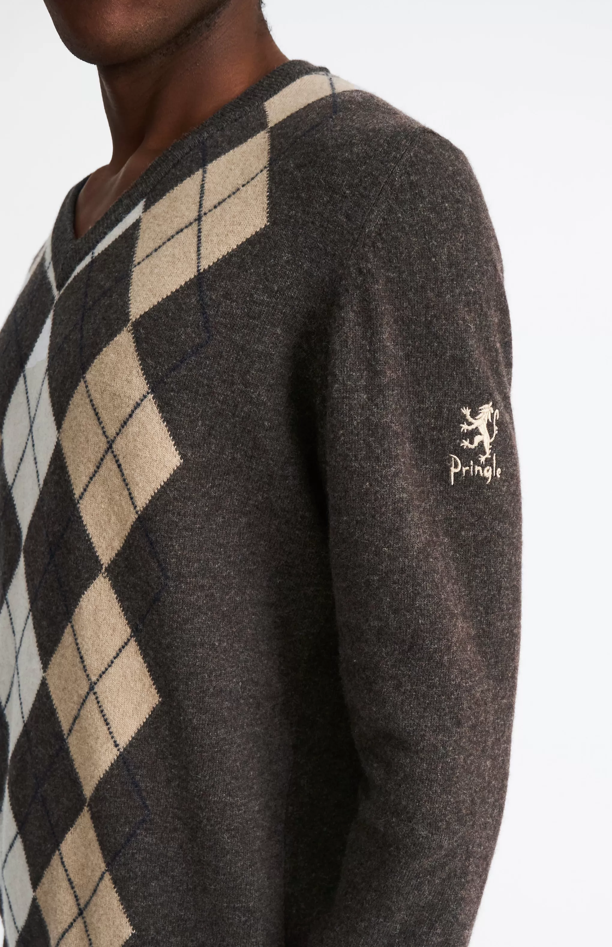 Best Men's V Neck Centre Argyle Lambswool Jumper In Dark Brown / Camel Men V Neck Knits