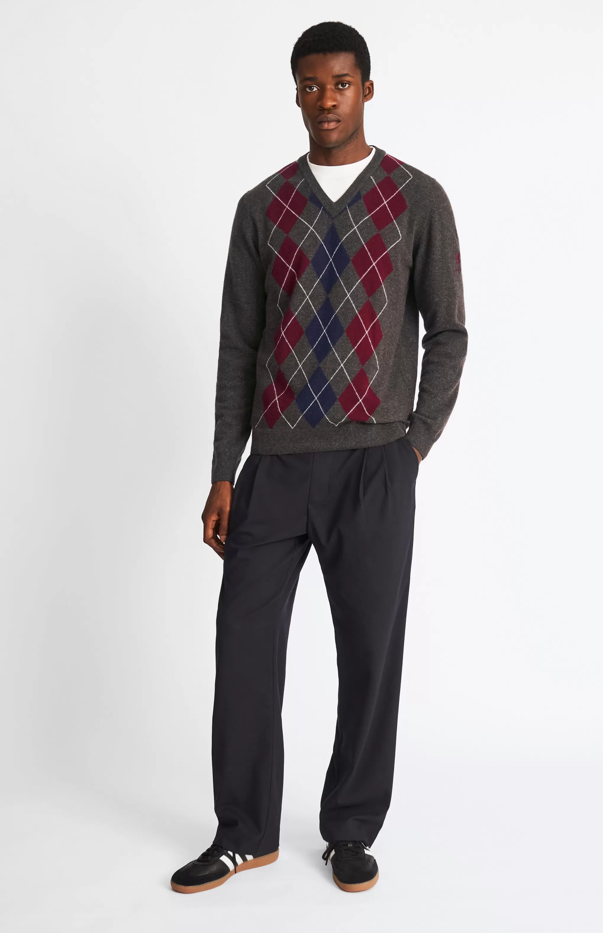 New Men's V Neck Centre Argyle Lambswool Jumper In Dark Brown / Claret Men Argyle
