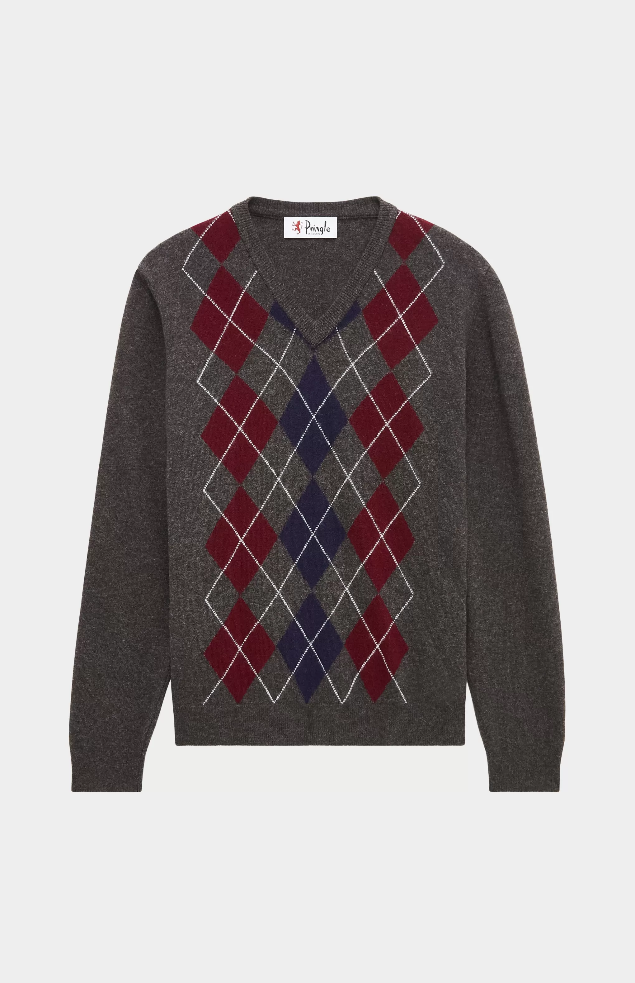 New Men's V Neck Centre Argyle Lambswool Jumper In Dark Brown / Claret Men Argyle