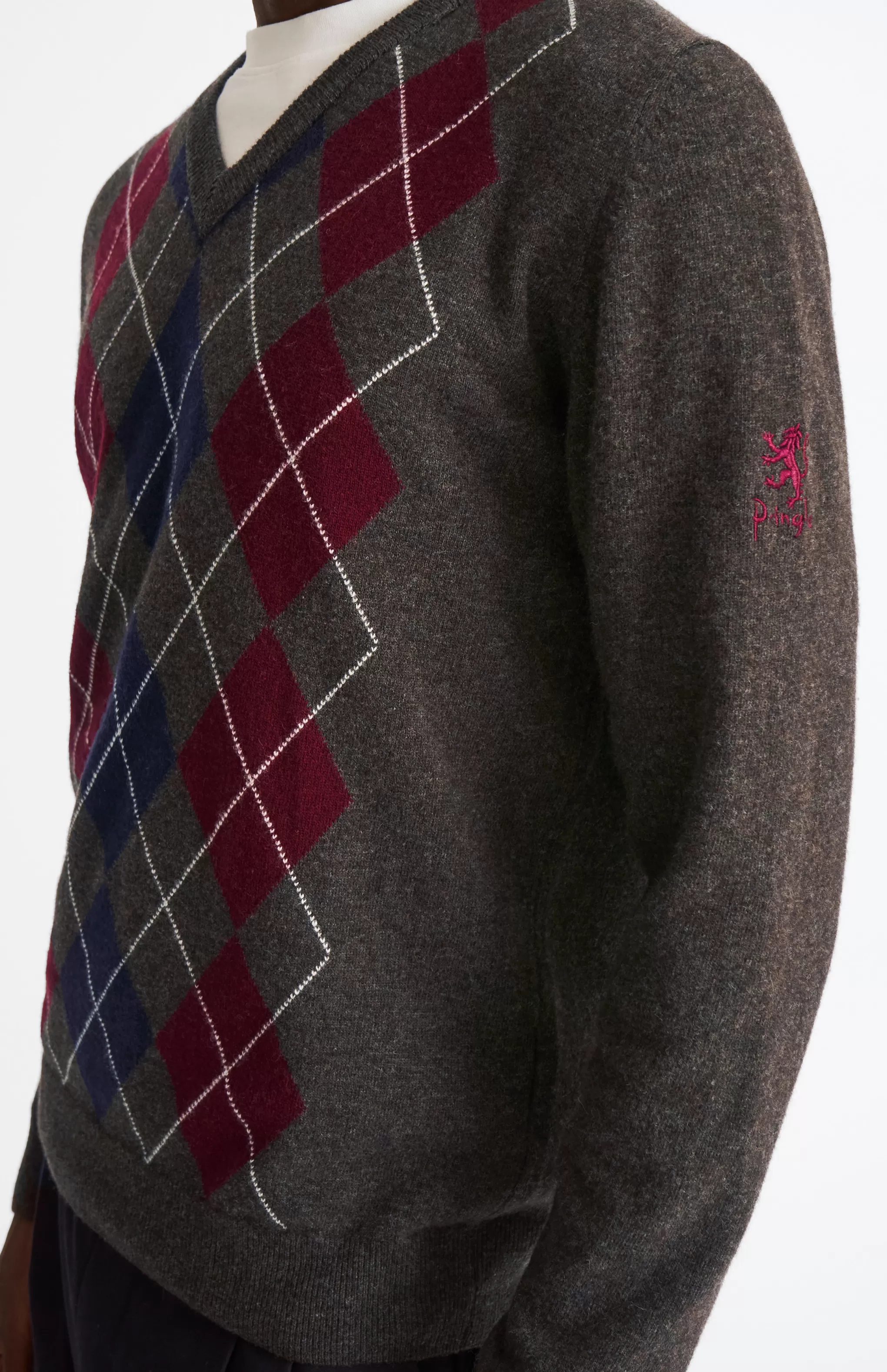New Men's V Neck Centre Argyle Lambswool Jumper In Dark Brown / Claret Men Argyle