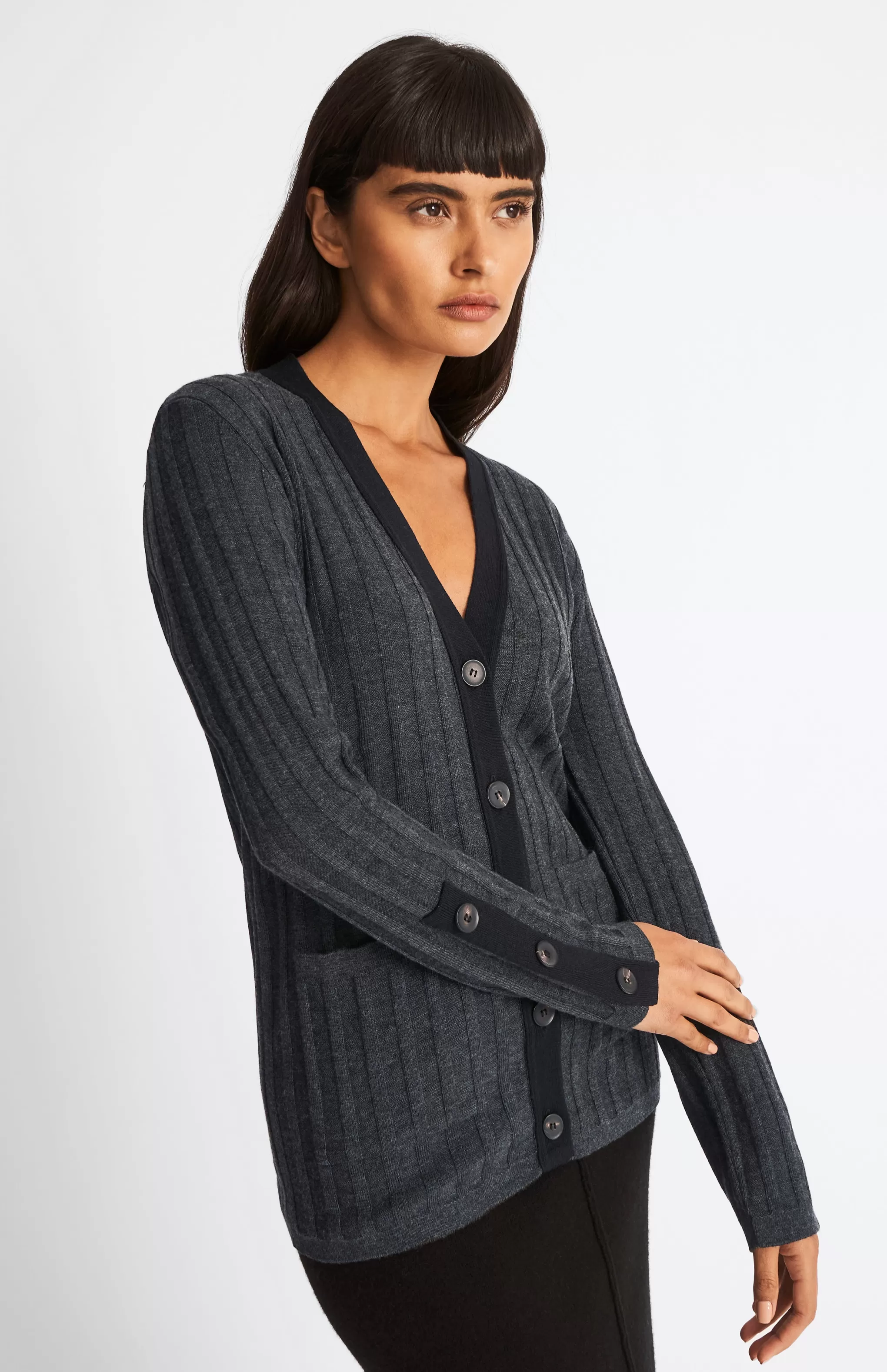 Flash Sale Merino Silk Ribbed Cardigan In Charcoal / Black Men/Women V Neck Knits