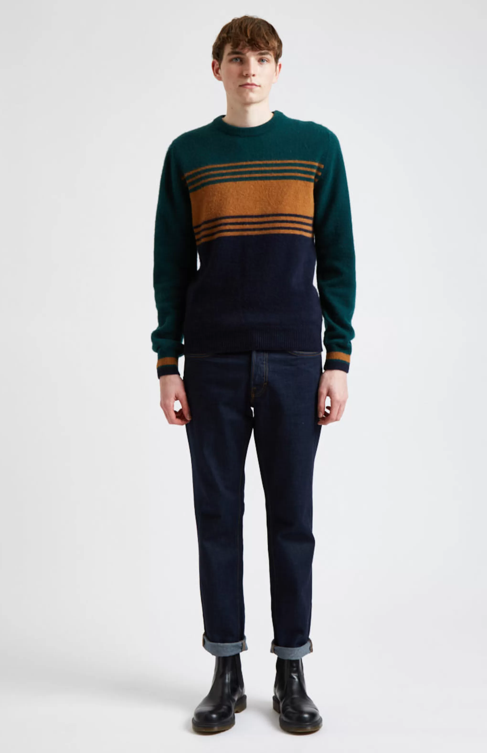 Best Sale Multicolour Stripe Round Neck Brushed Lambswool Jumper Men Made in Scotland