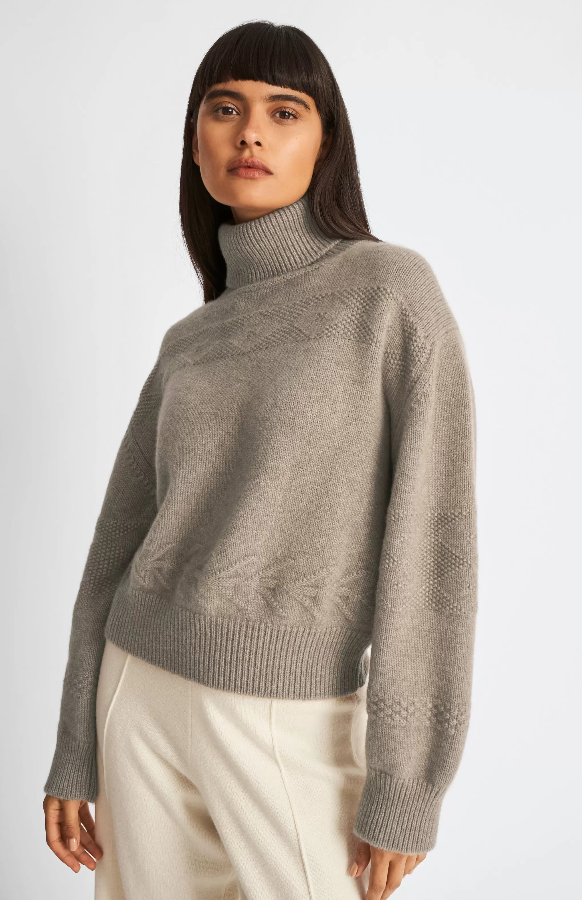 Best Roll Neck Guernsey Cashmere Jumper In Dark Natural Men/Women Made in Scotland