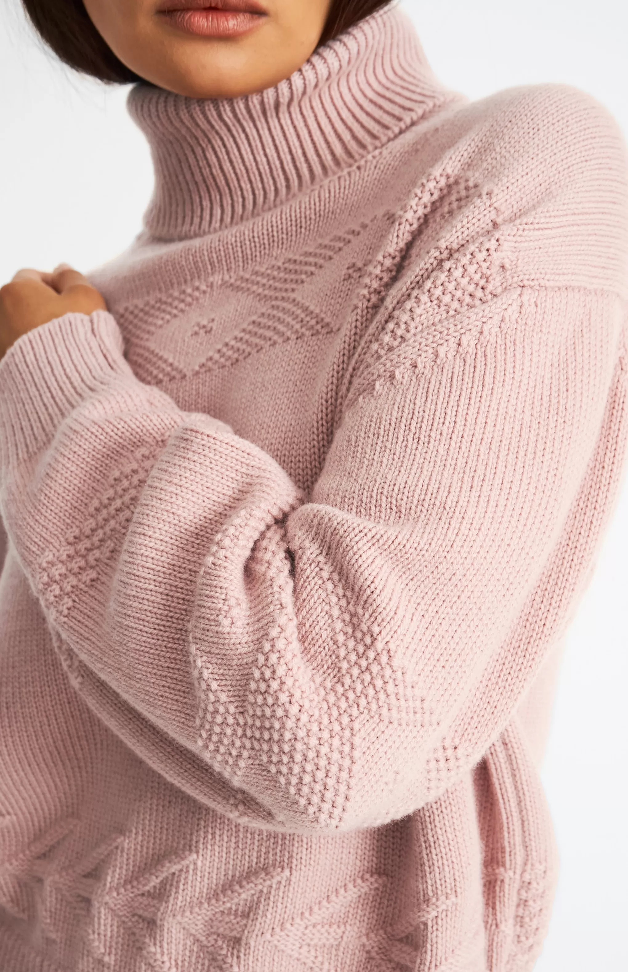 Store Roll Neck Guernsey Cashmere Jumper In Dusty Pink Men/Women High Neck Knits