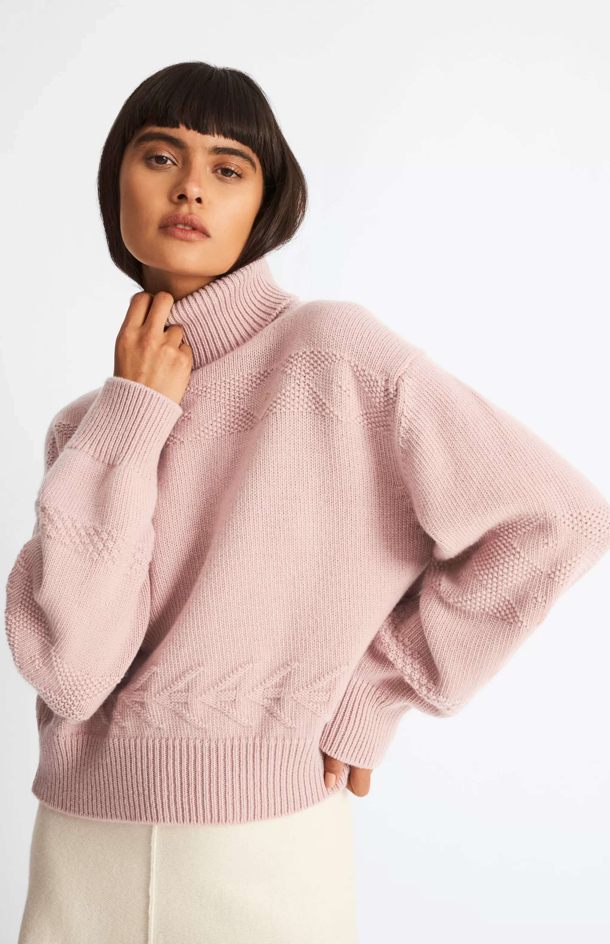 Best Roll Neck Guernsey Cashmere Jumper In Dusty Pink Men/Women Made in Scotland