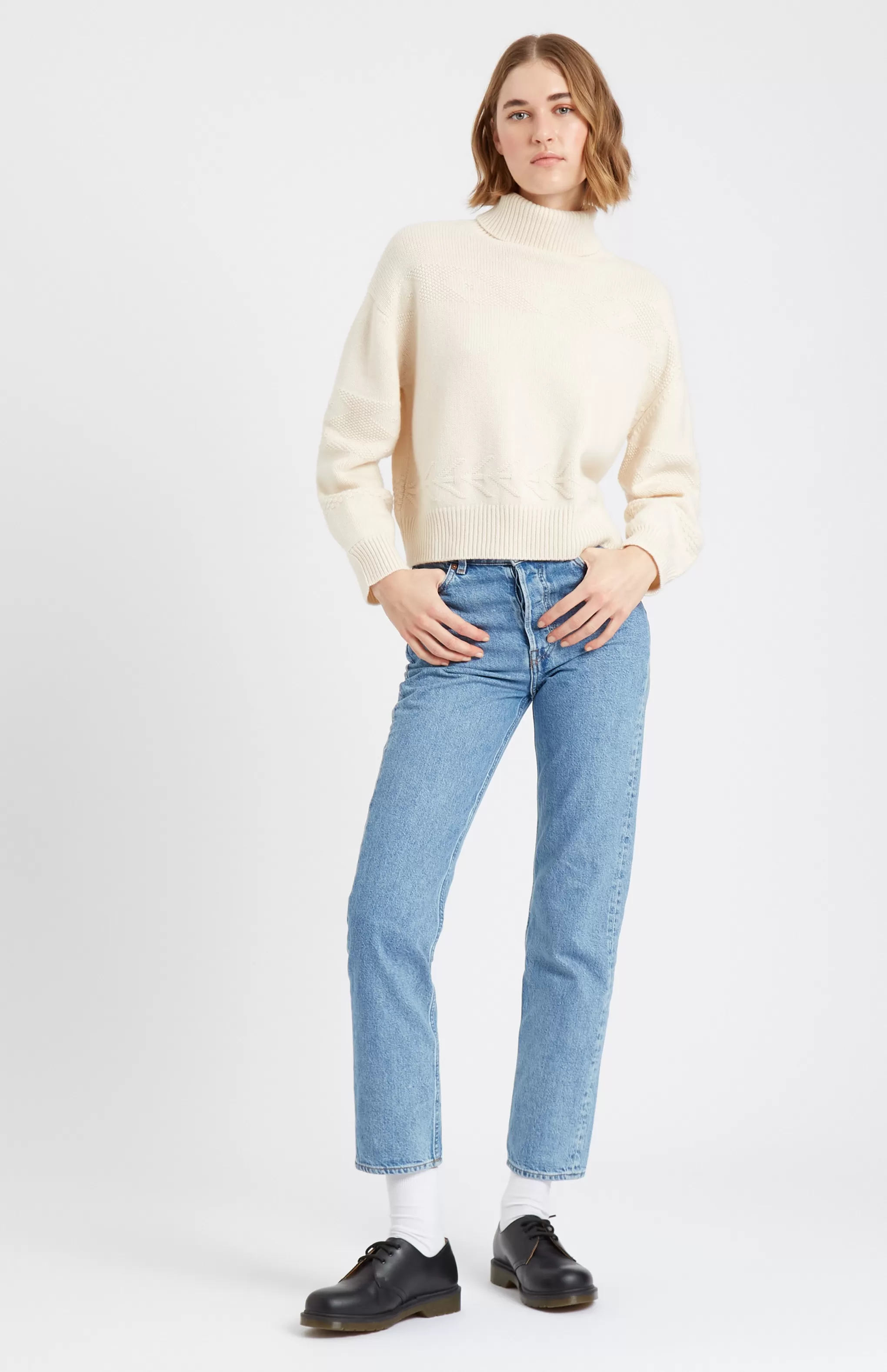 Flash Sale Roll Neck Guernsey Cashmere Jumper In Vanilla Cream Men/Women High Neck Knits