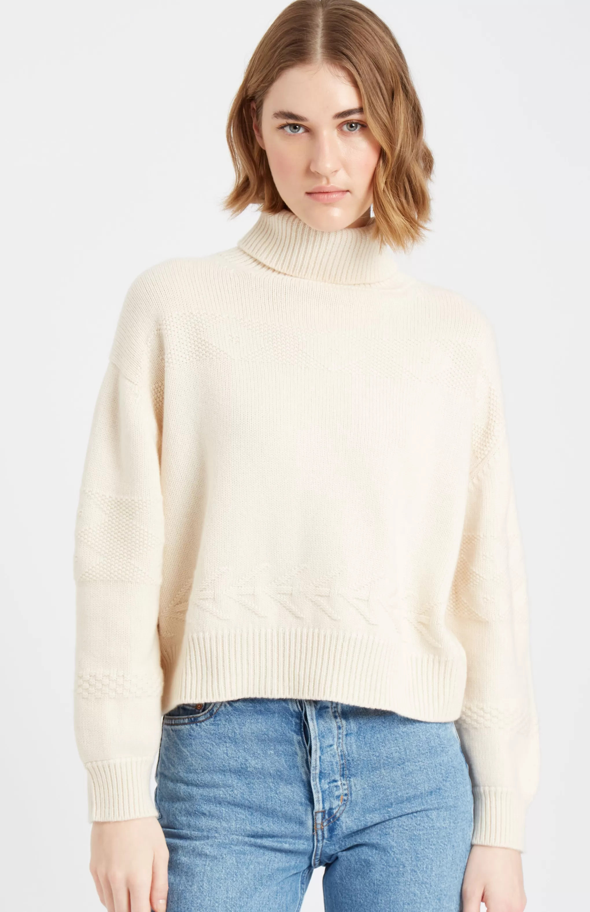 Best Sale Roll Neck Guernsey Cashmere Jumper In Vanilla Cream Men/Women Medium Weight Knits