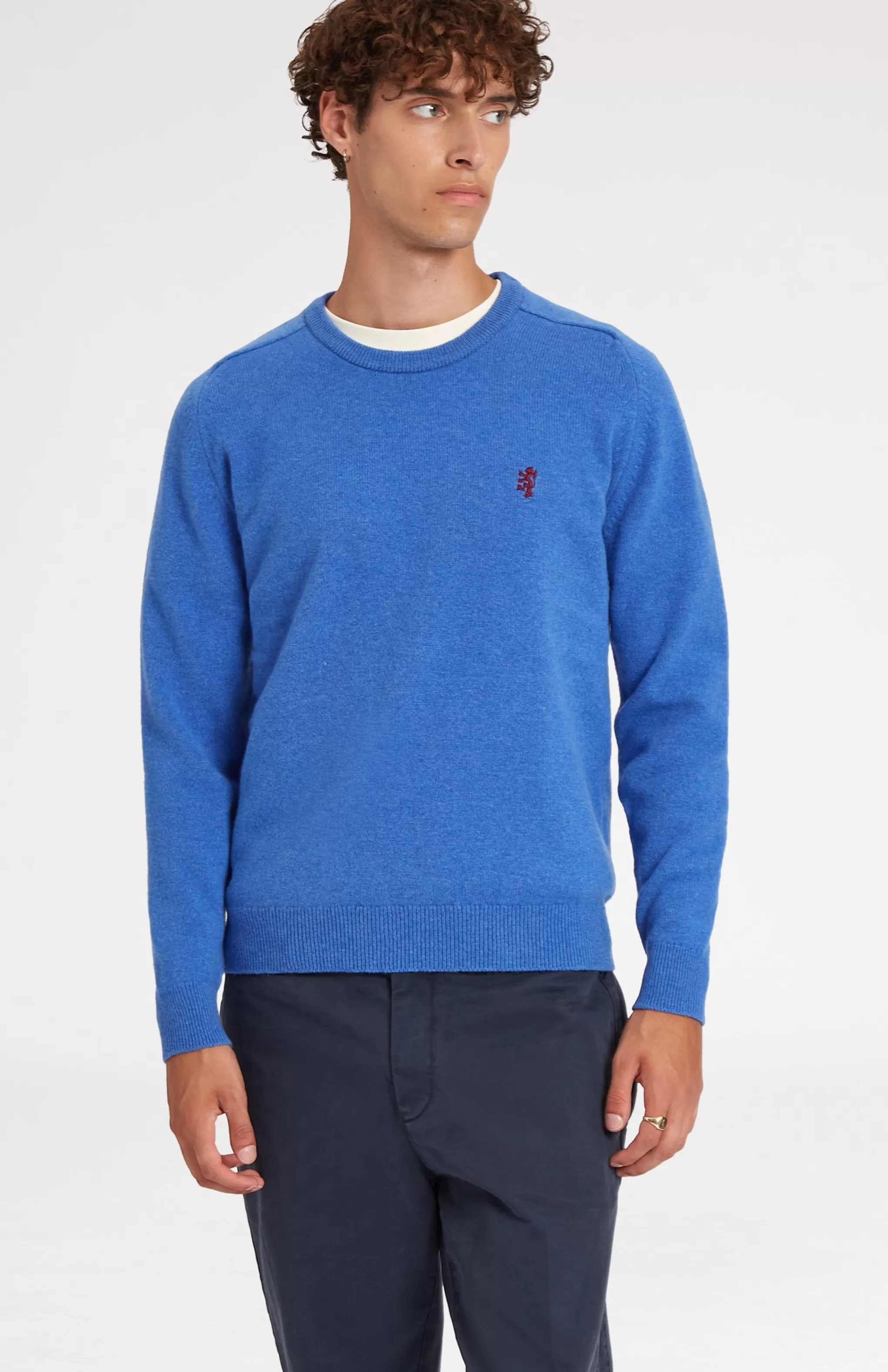 Best Sale Round Neck Lion Lambswool Jumper In Blue Oxide Men Lambswool