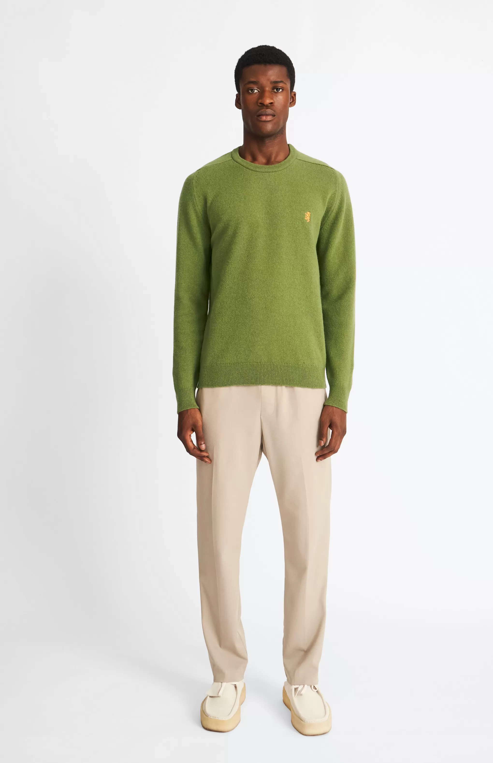 Hot Round Neck Lion Lambswool Jumper In Mineral Green / Mustard Sand Men Best Sellers