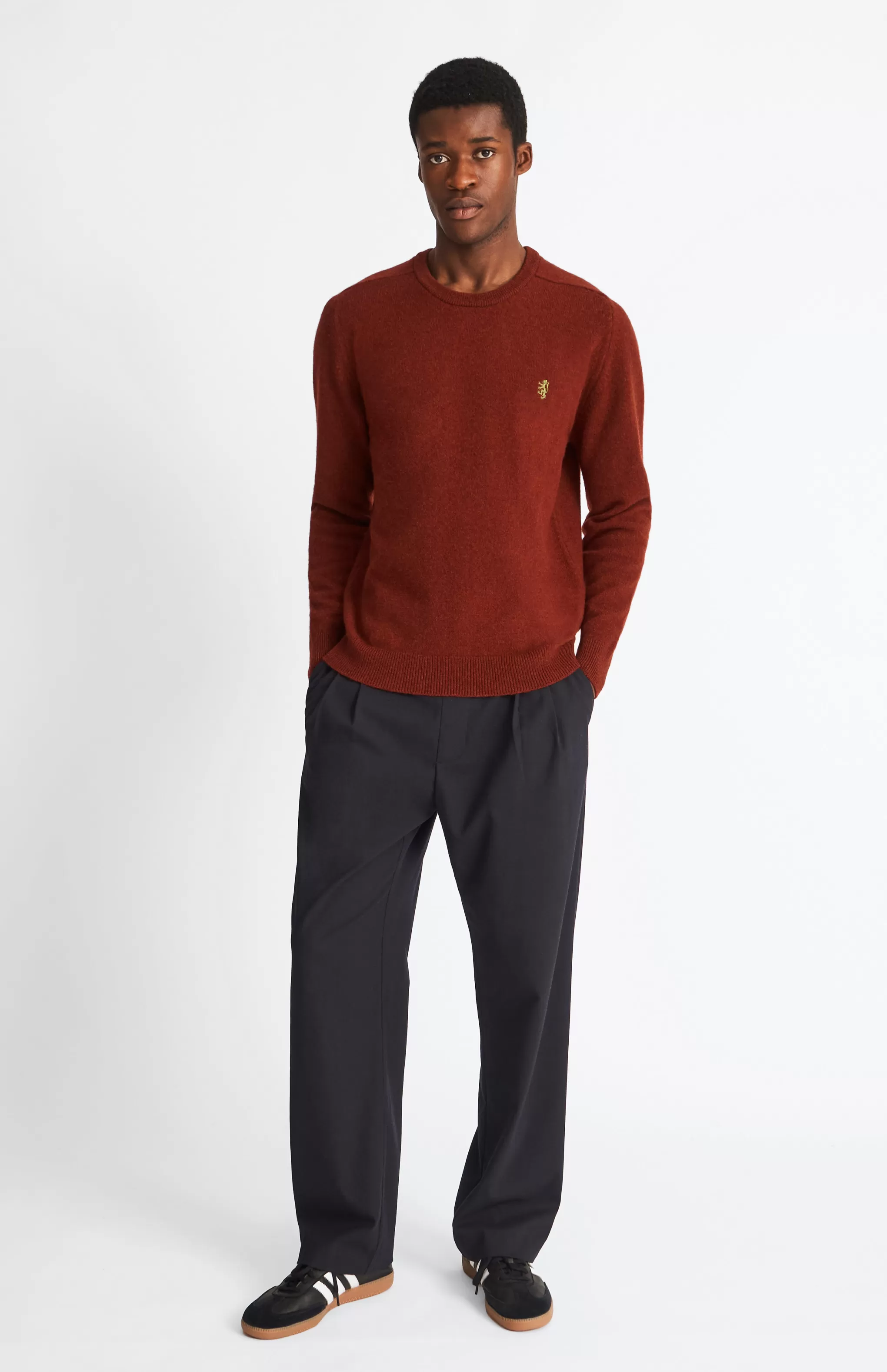 Flash Sale Round Neck Lion Lambswool Jumper In Red Rust / Mineral Green Men Lambswool