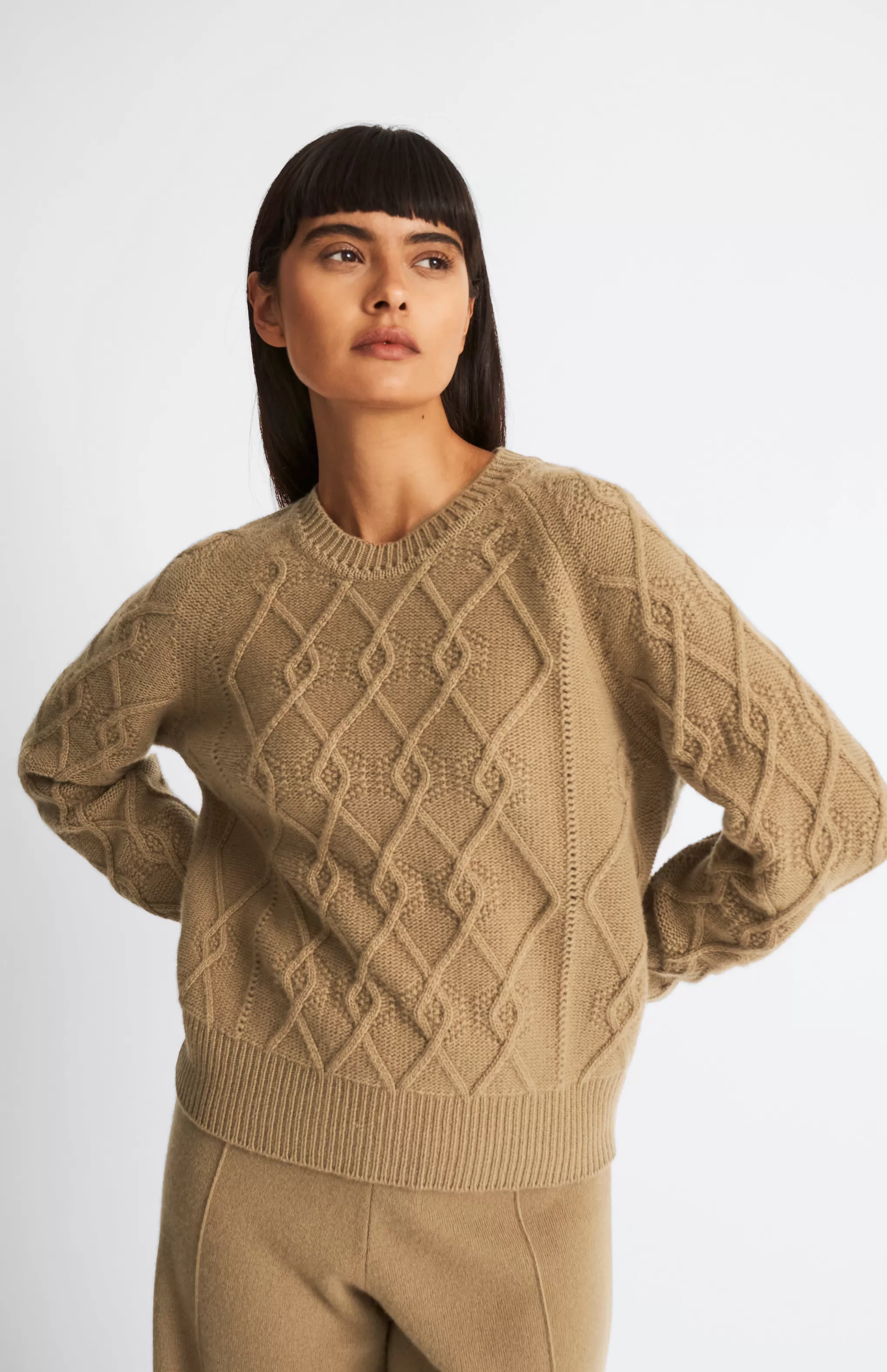 Cheap Round Neck Multi Textured Cashmere Blend Jumper In Camel Men/Women Argyle