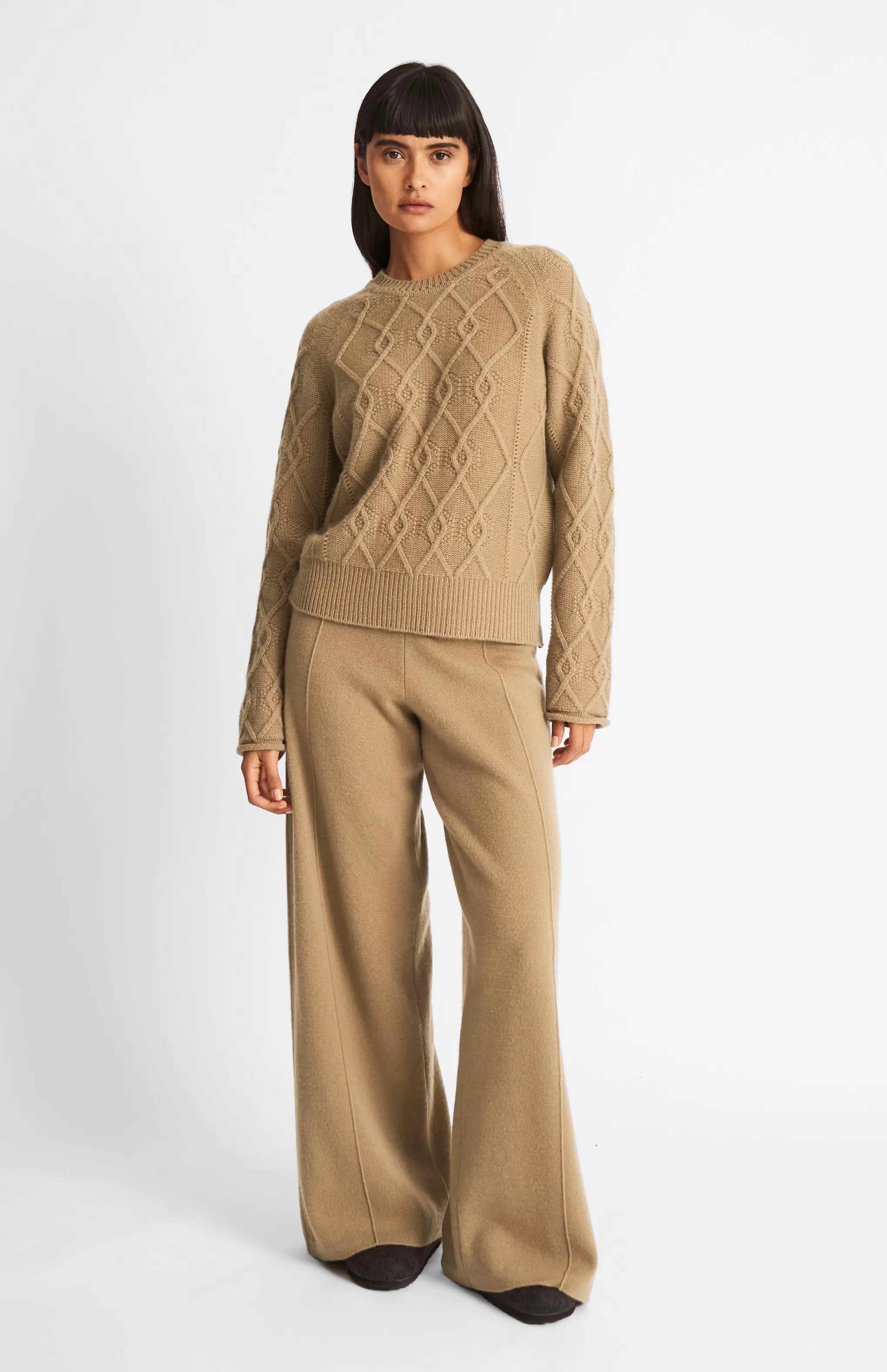 Cheap Round Neck Multi Textured Cashmere Blend Jumper In Camel Men/Women Argyle