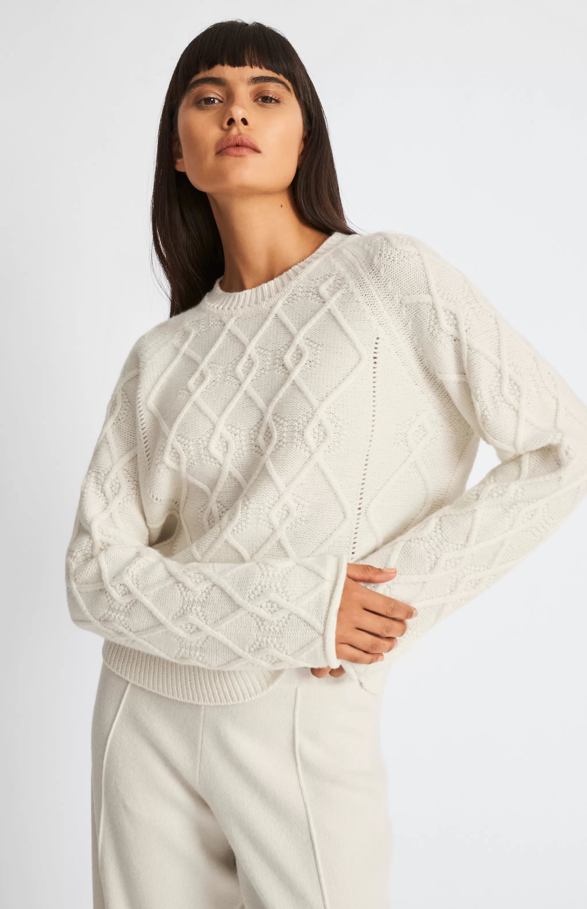 Cheap Round Neck Multi Textured Cashmere Blend Jumper In Cream Men/Women Argyle