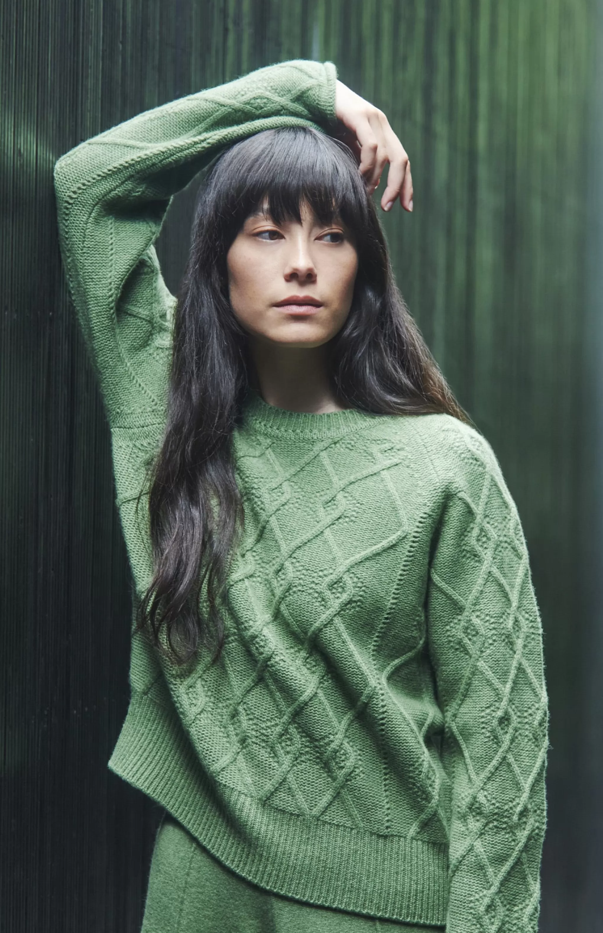 Clearance Round Neck Multi Textured Cashmere Blend Jumper In Wood Sage Men/Women Argyle