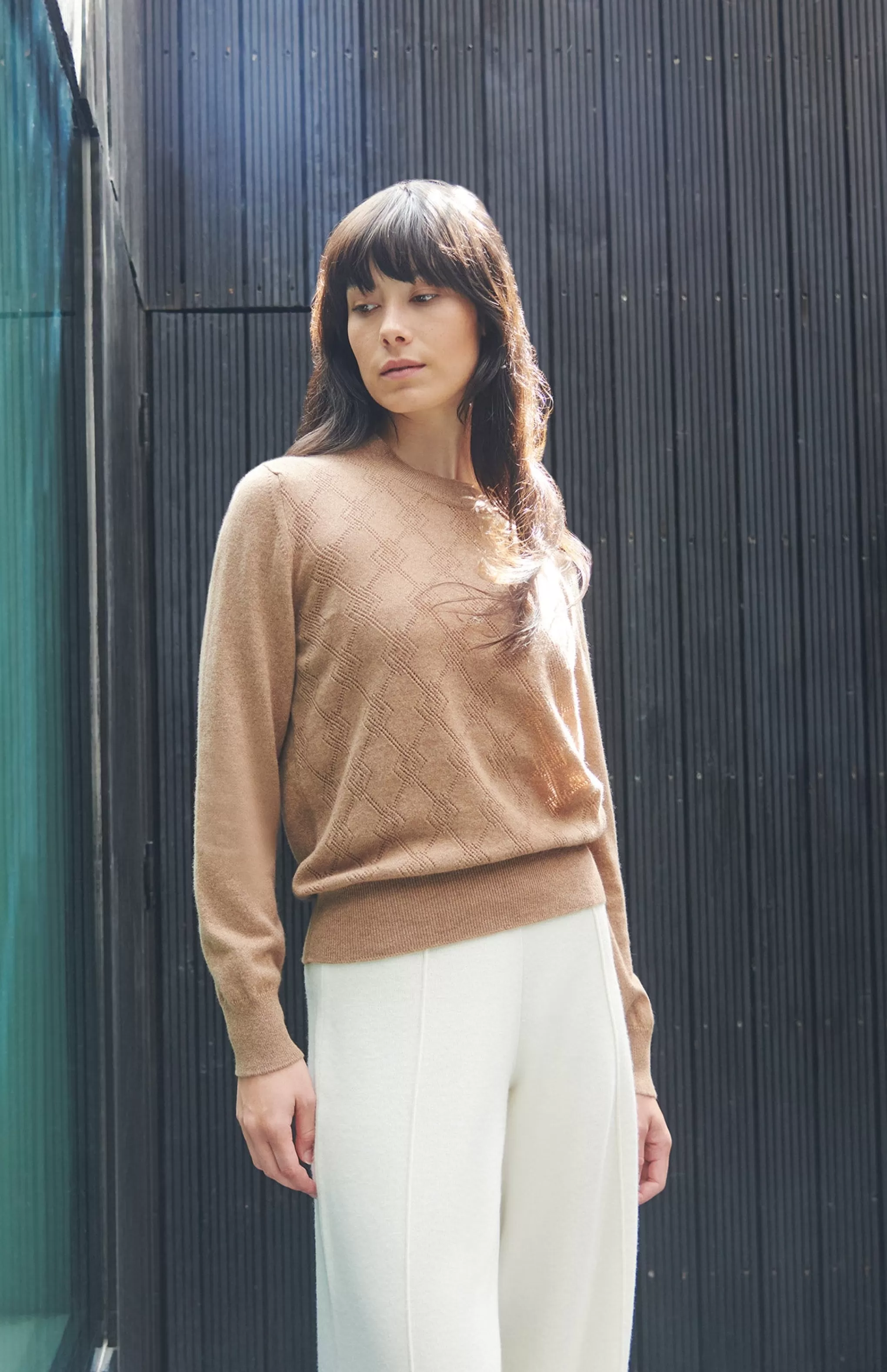 Flash Sale Round Neck Pointelle Argyle Cashmere Jumper In Camel Men/Women Made in Scotland