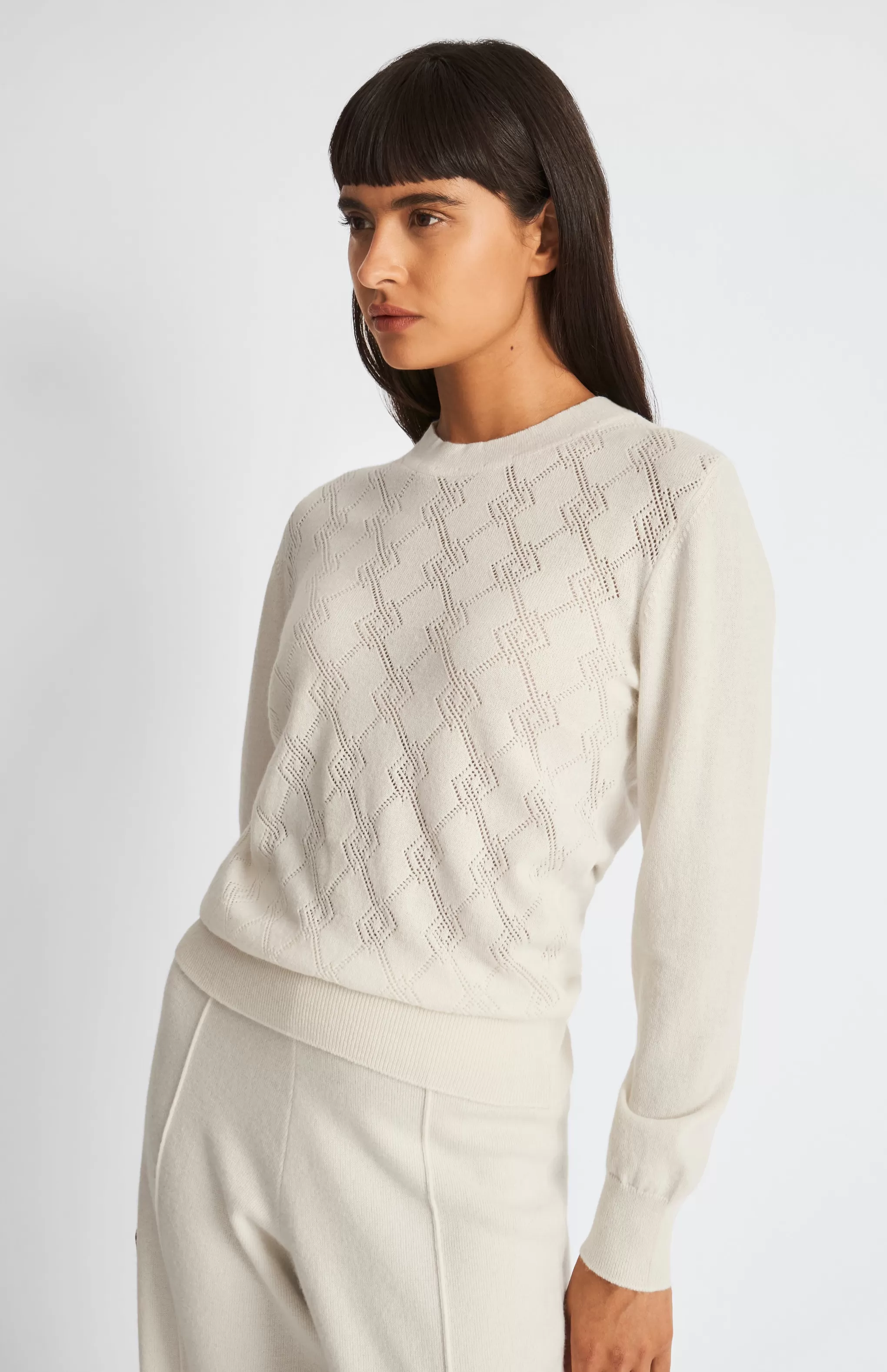 Best Round Neck Pointelle Argyle Cashmere Jumper In Off White Men/Women Light Weight Knits