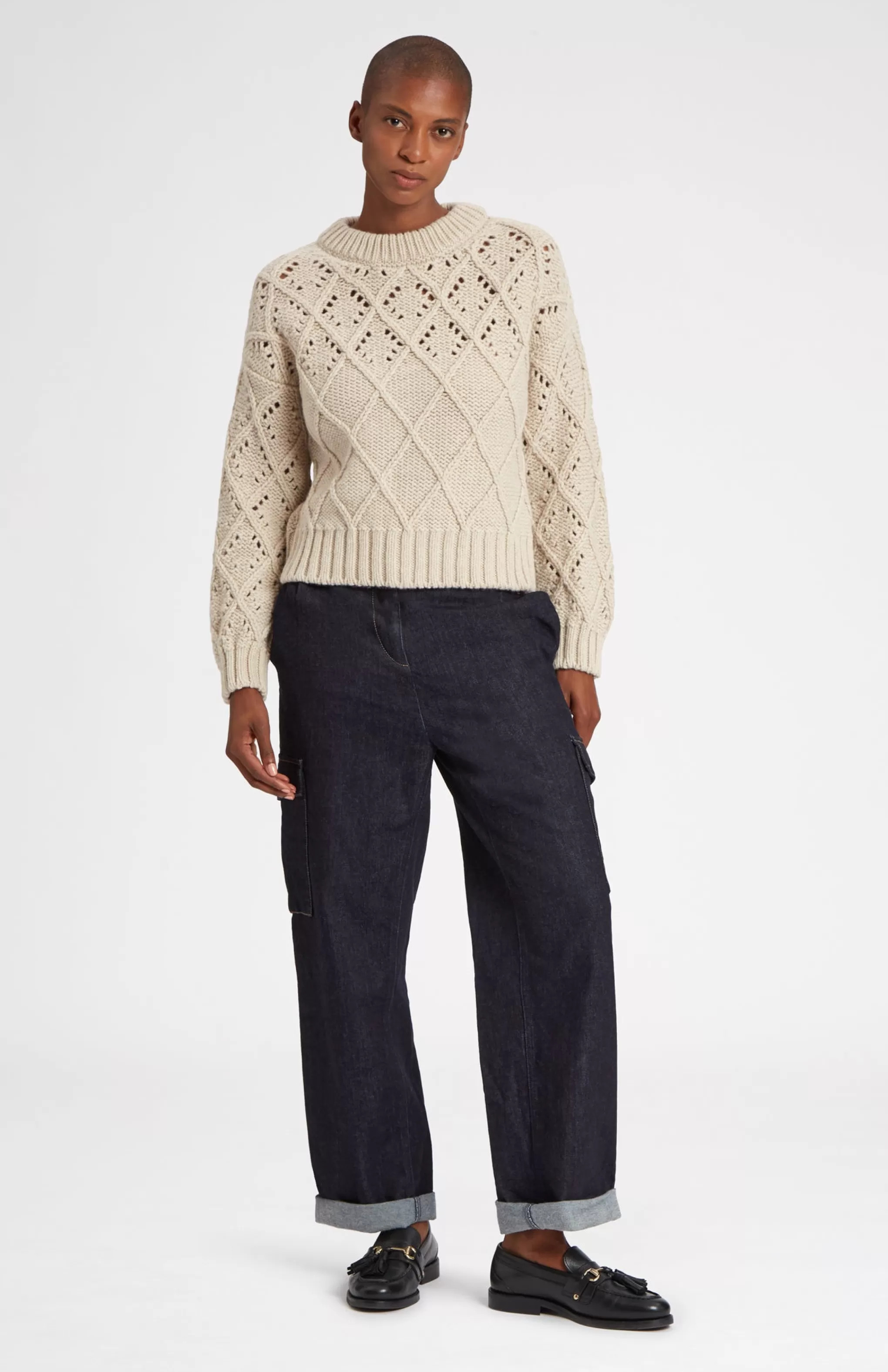 Best Sale Superfine Wool Jumper With Allover Diamond Pattern In Light Oatmeal Men/Women Heavy Weight Knits
